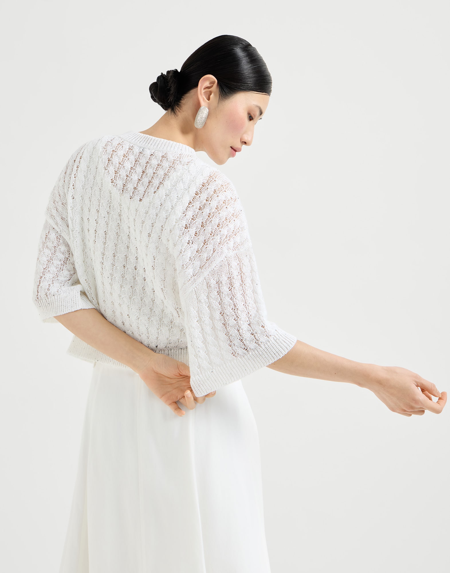Dazzling cable cardigan for Woman in White | Brunello Cucinelli