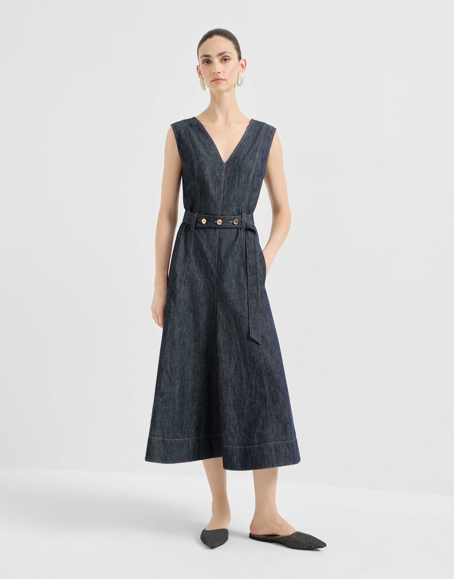 brunello cucinelli denim dress Brunello Cucinelli, Cotton denim-effect twill t-shirt dress with precious collar, Blue, XXS