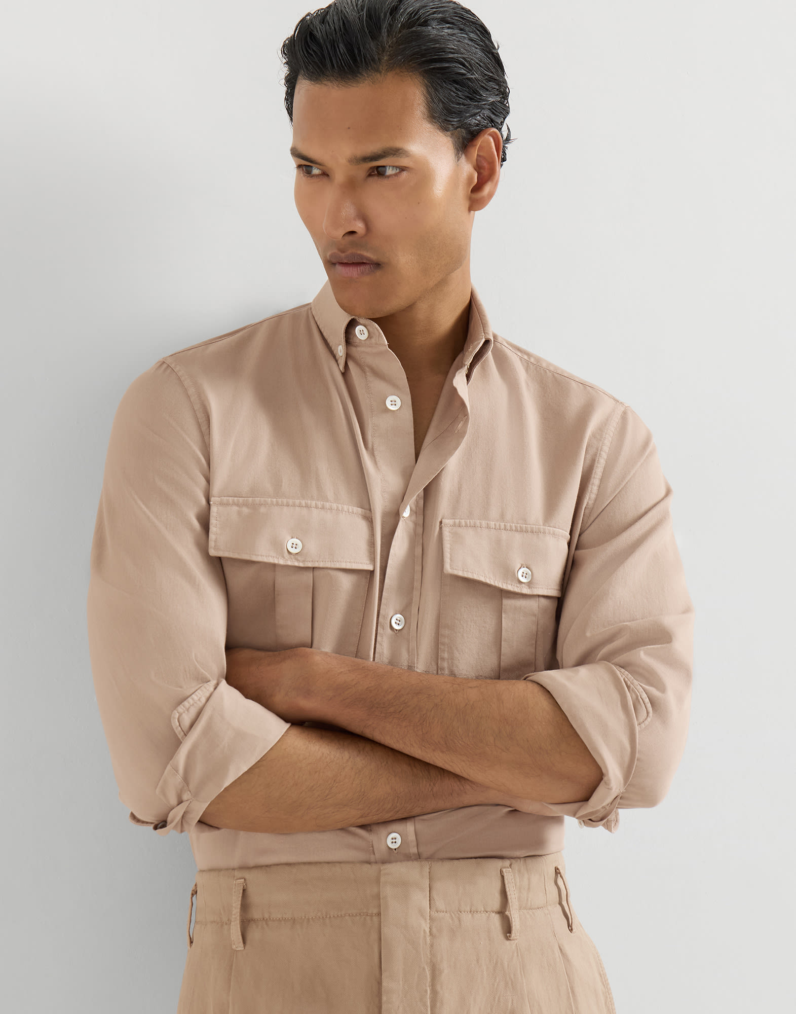 Garment-dyed cotton and linen shirt Tobacco Man - Brunello Cucinelli