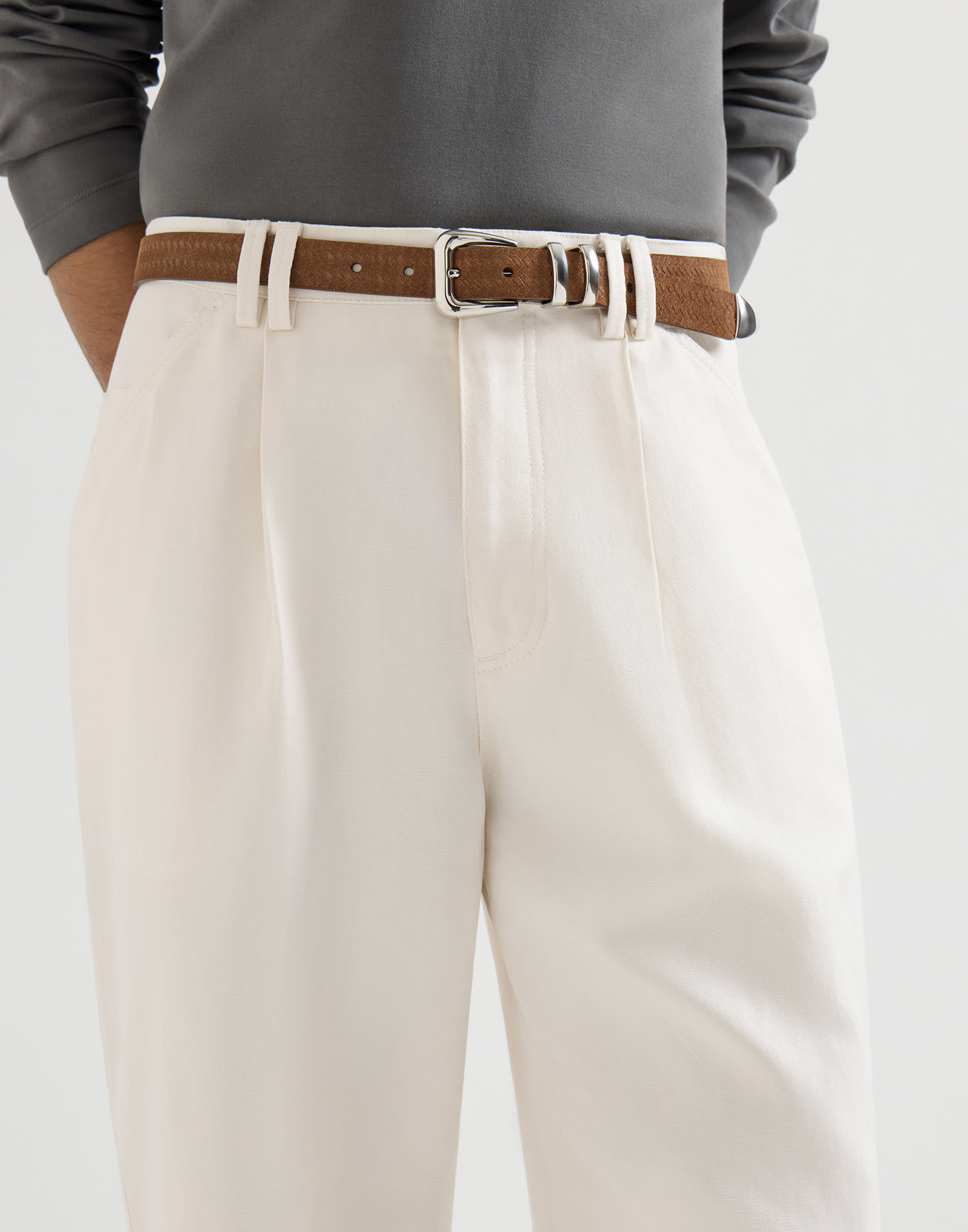 Cotton and linen trousers for Man in White | Brunello Cucinelli