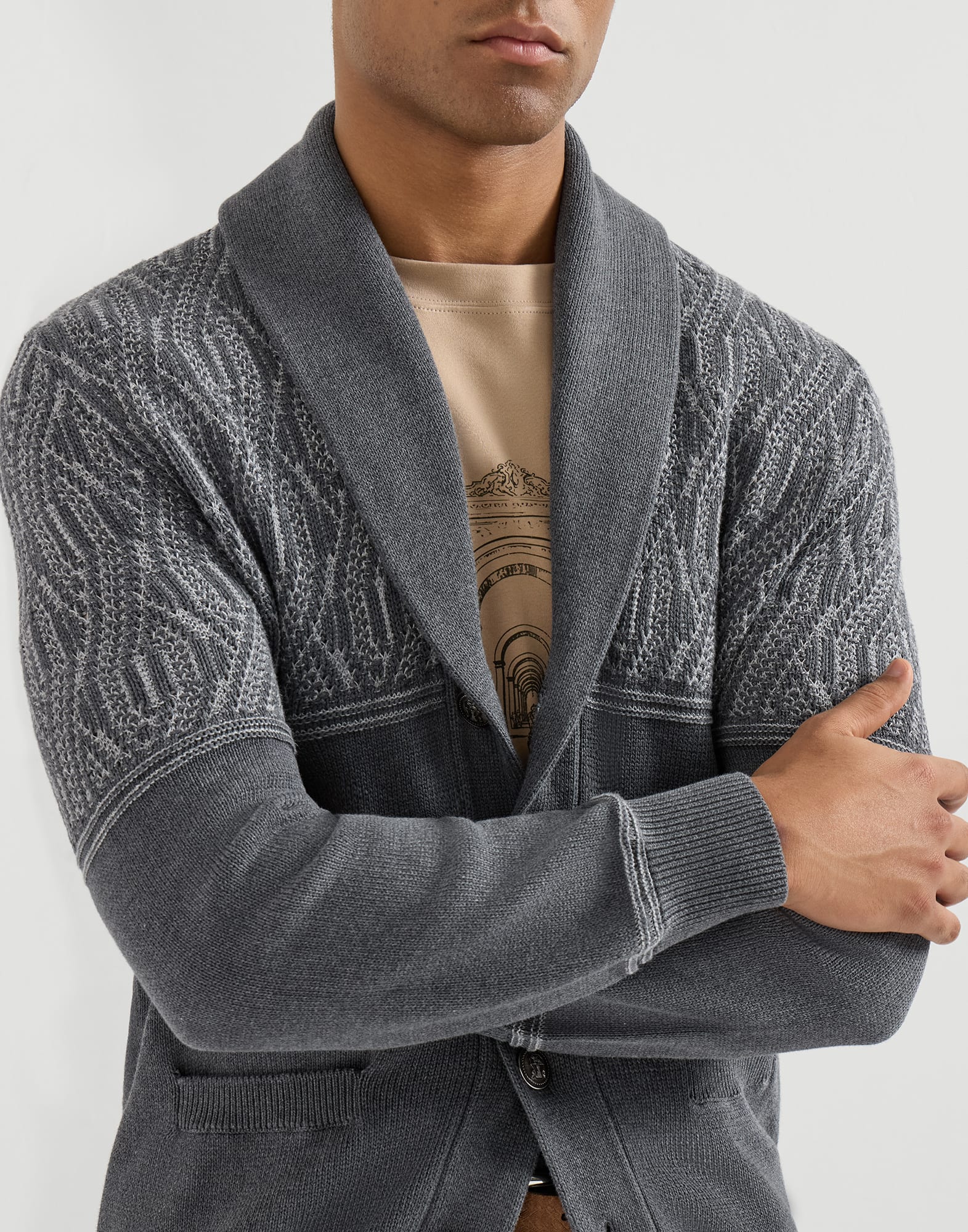 Cardigan with shawl collar for Man in Medium Grey | Brunello Cucinelli