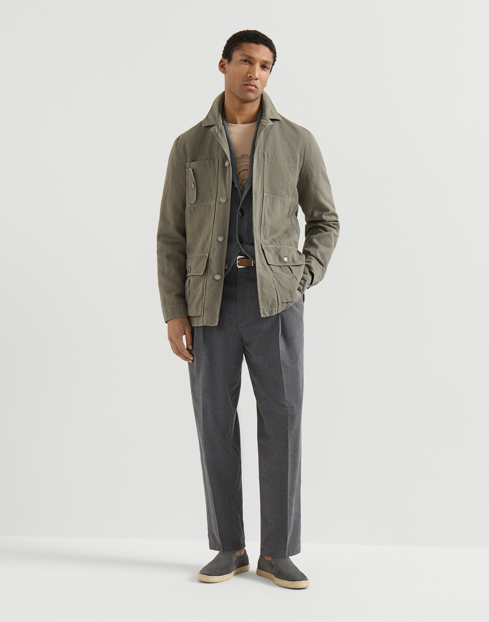 Cardigan with shawl collar for Man in Medium Grey | Brunello Cucinelli