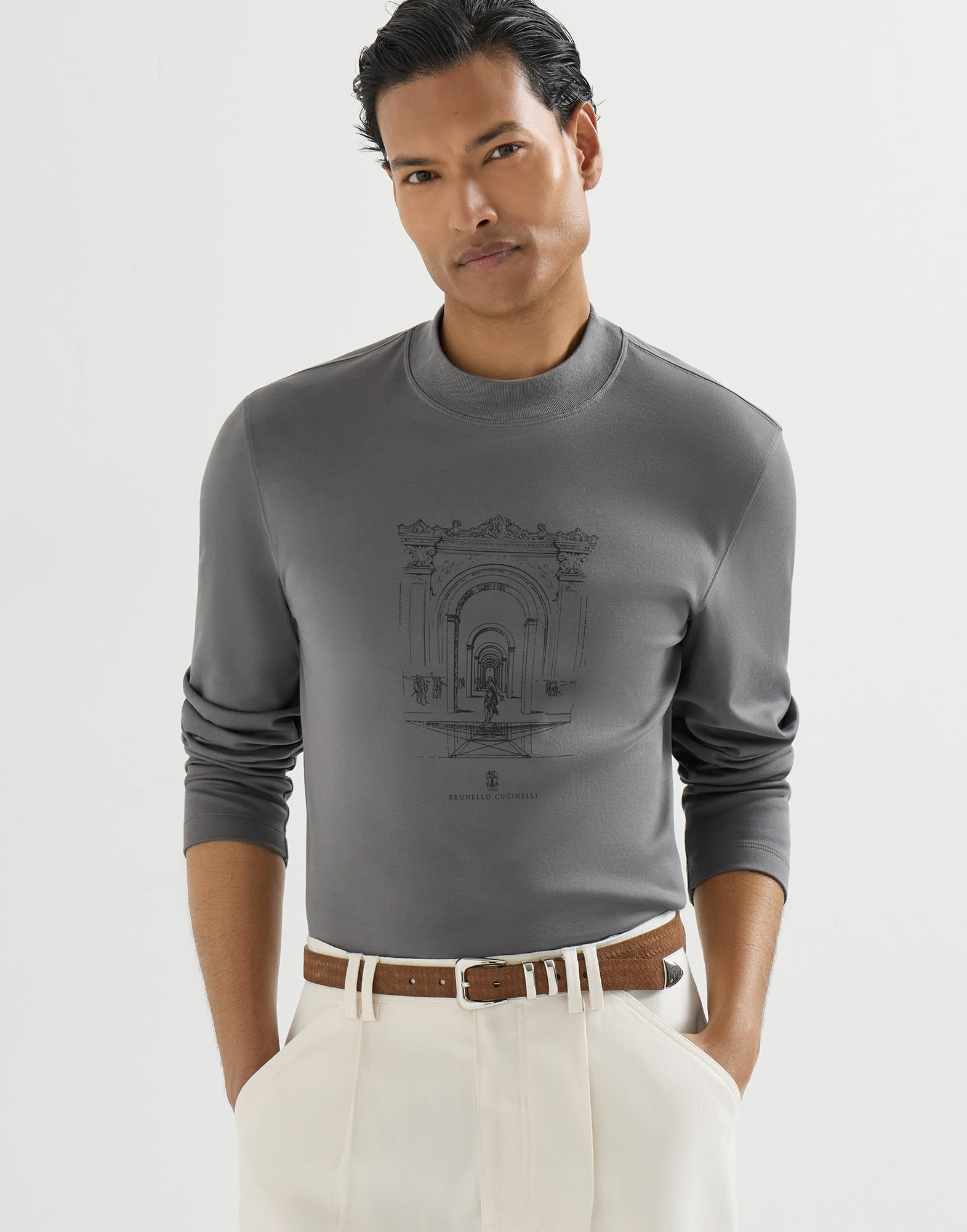 Cotton interlock T-shirt with print for Man in Medium Grey