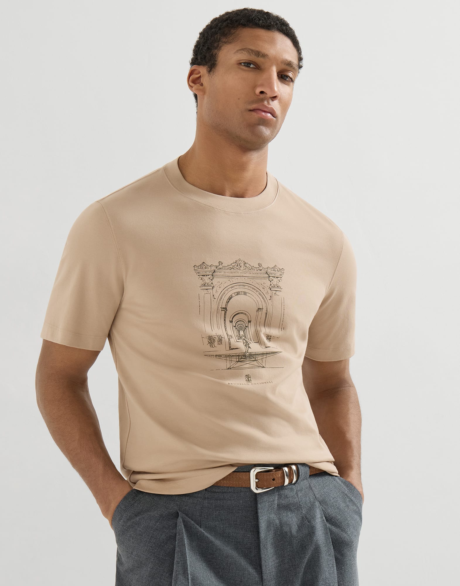 Interlock T-shirt with print for Man in Beige | Brunello Cucinelli