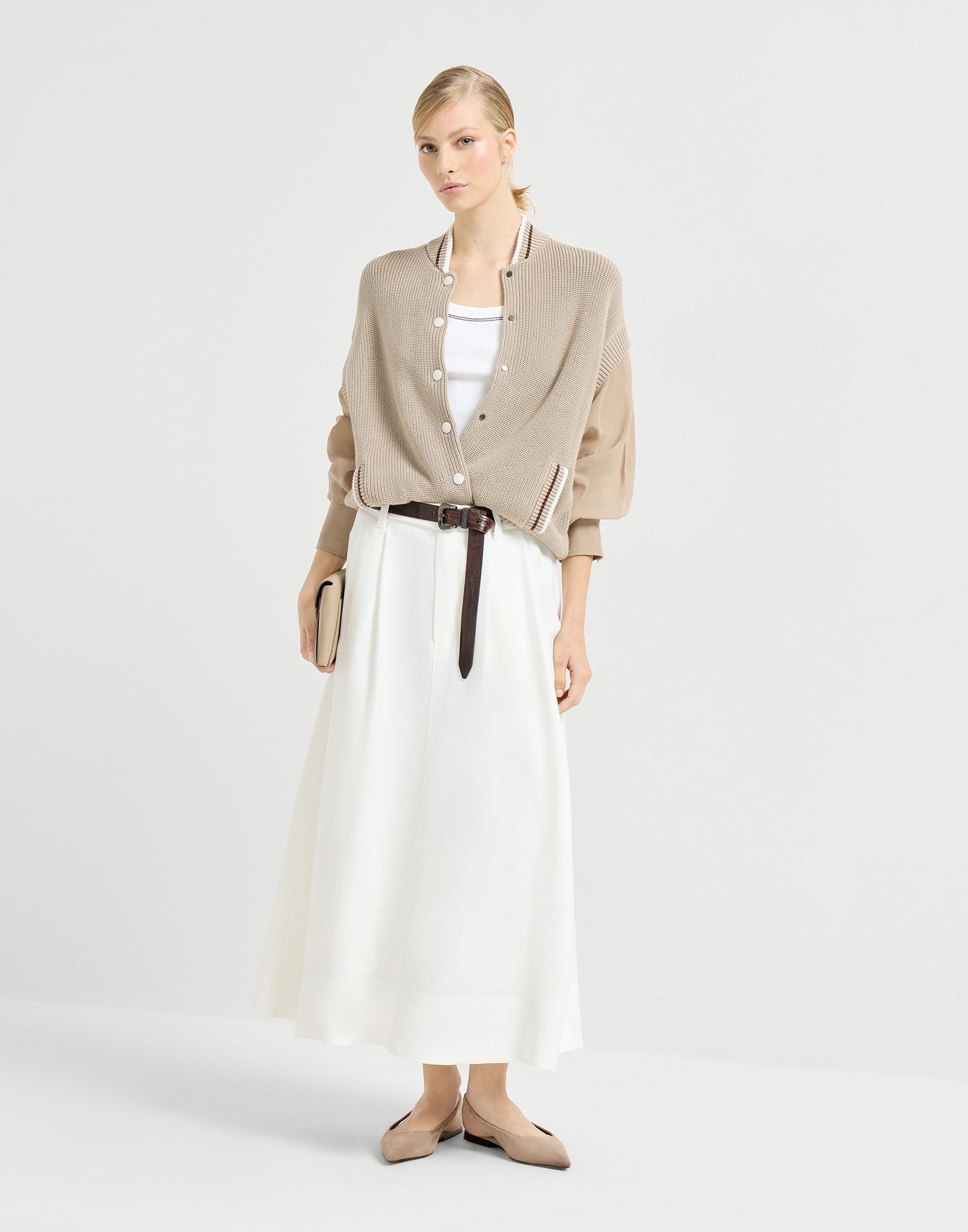 Ribbed jersey top for Woman in White | Brunello Cucinelli