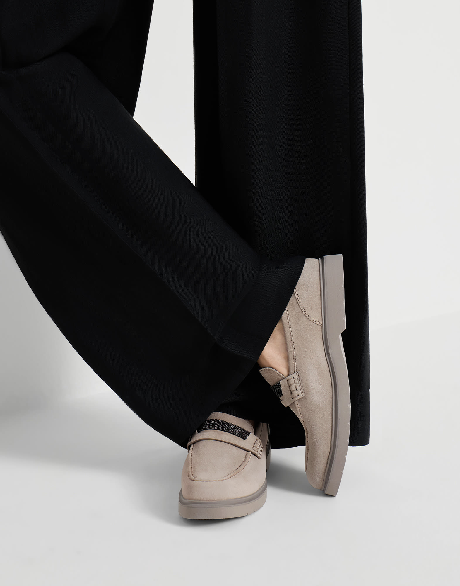 Suede penny loafer with monili for Woman in Beige | Brunello Cucinelli