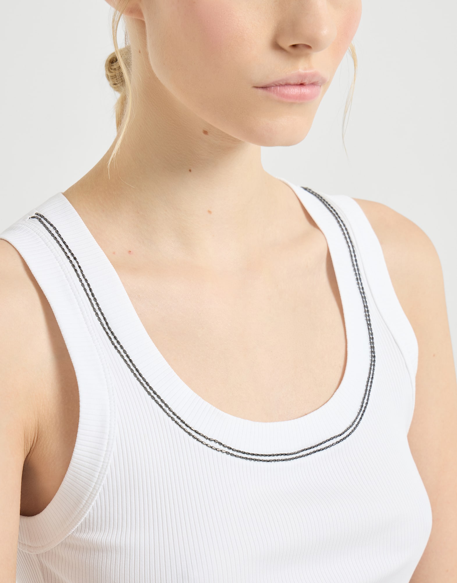 Ribbed jersey top for Woman in White | Brunello Cucinelli