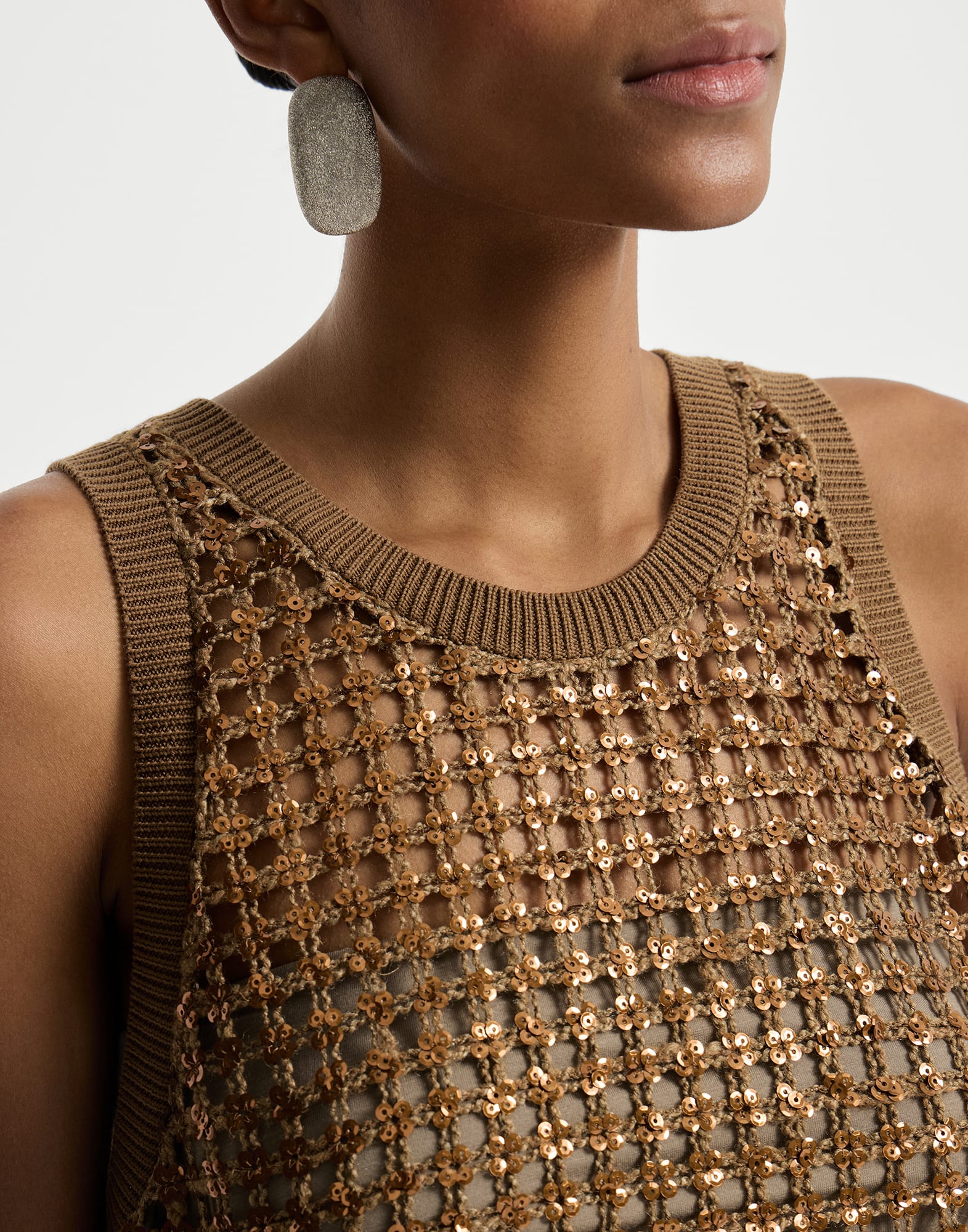 Dazzling Net Embroidery top for Woman in Brown | Brunello Cucinelli