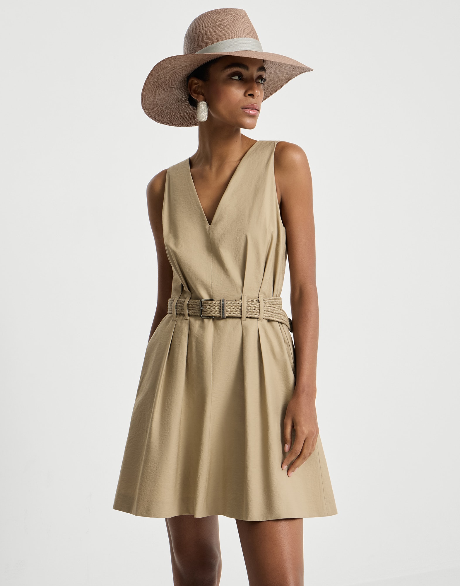レディース 向け ベージュ ベルト付き ツイル ドレス | Brunello Cucinelli