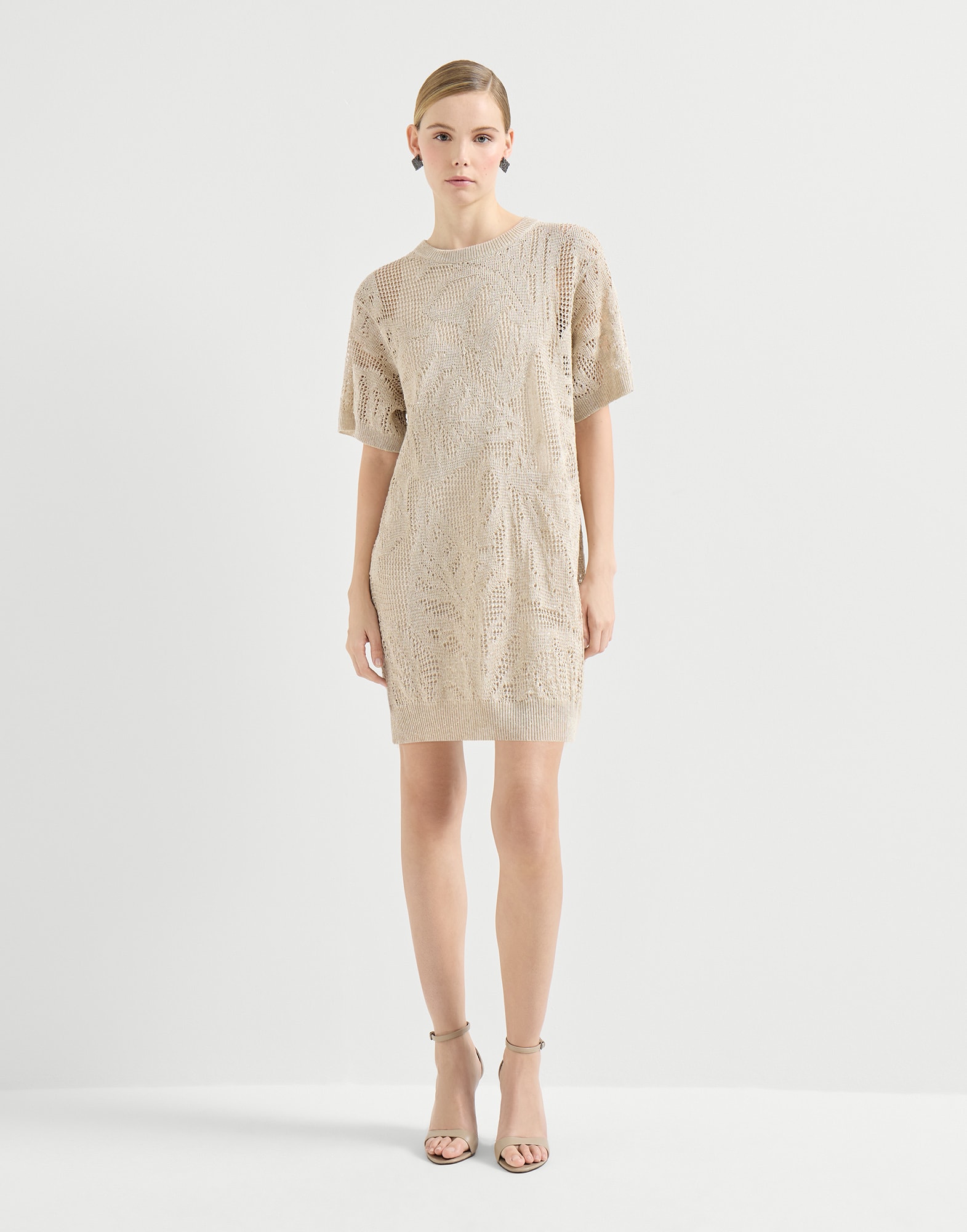 Dazzling water lilies mini dress for Woman in Beige | Brunello Cucinelli Dazzling water lilies mini dress for Woman in Beige | Brunello Cucinelli