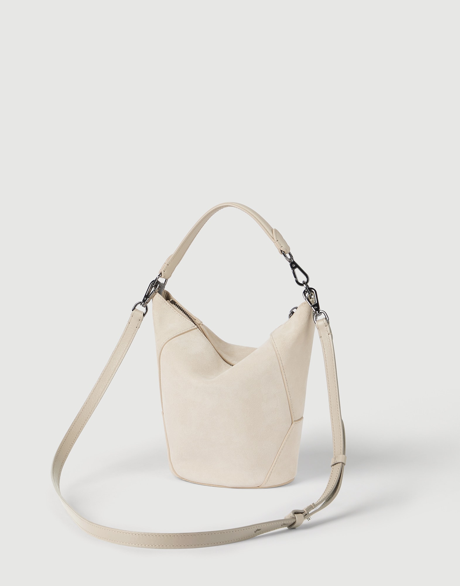 Duo bucket bag in suede with monili for Woman in Ivory | Brunello