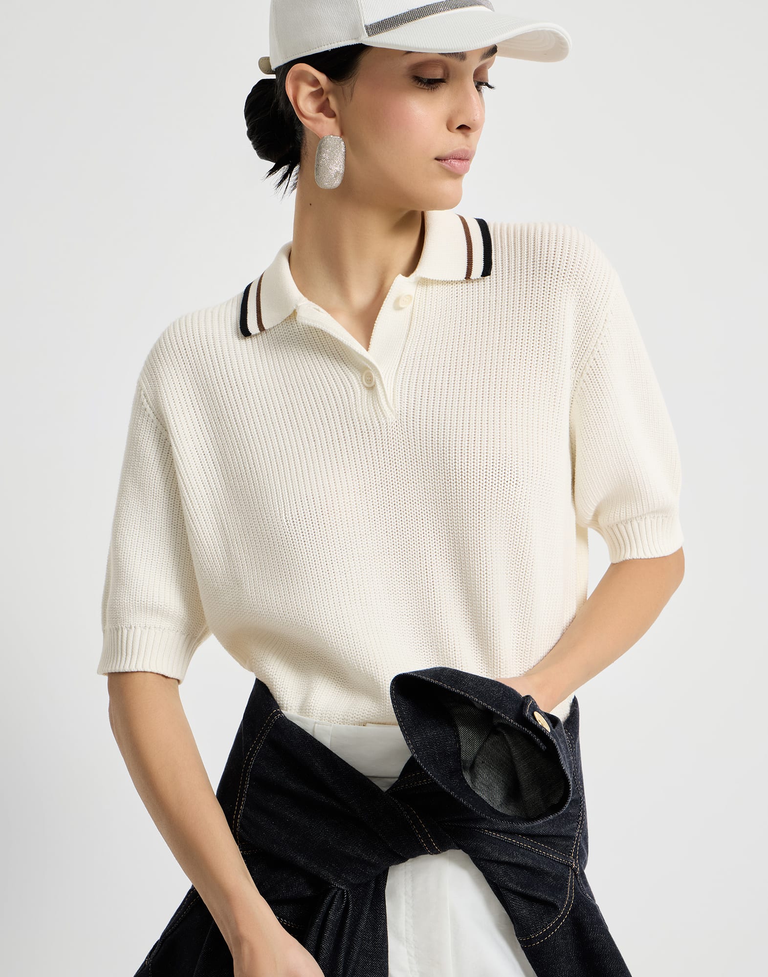 Rib knit polo for Woman in White | Brunello Cucinelli