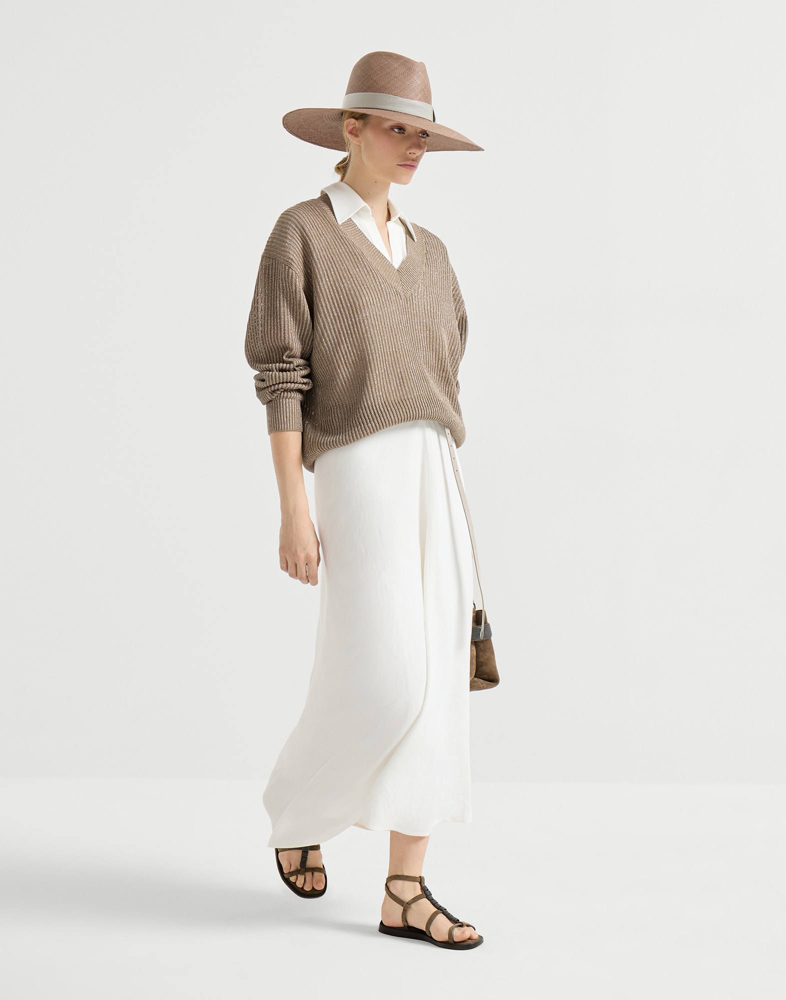 Twill dress with monili for Woman in White | Brunello Cucinelli