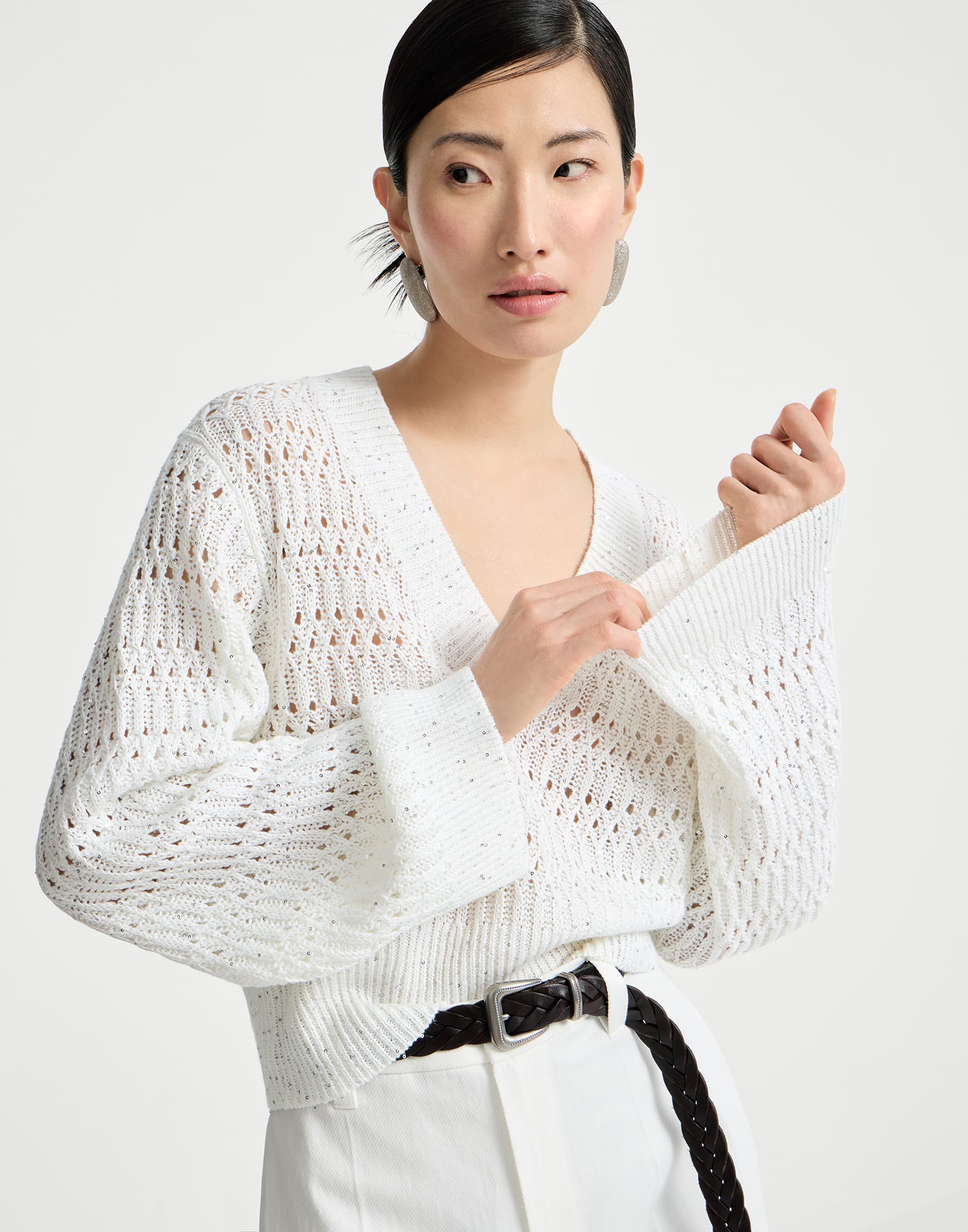 Dazzling braids sweater for Woman in White | Brunello Cucinelli