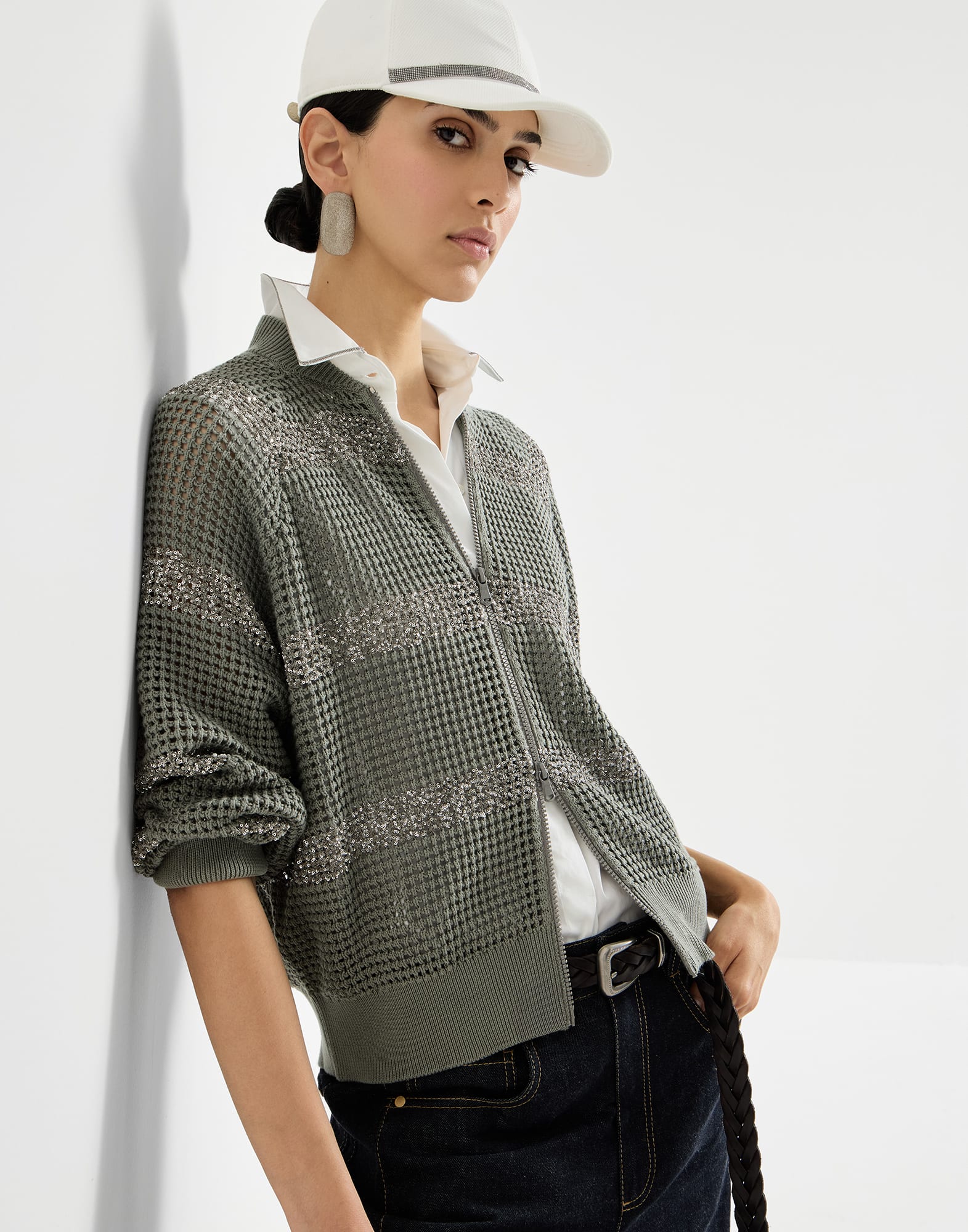 Cardigan with dazzling stripes for Woman in Khaki | Brunello Cucinelli