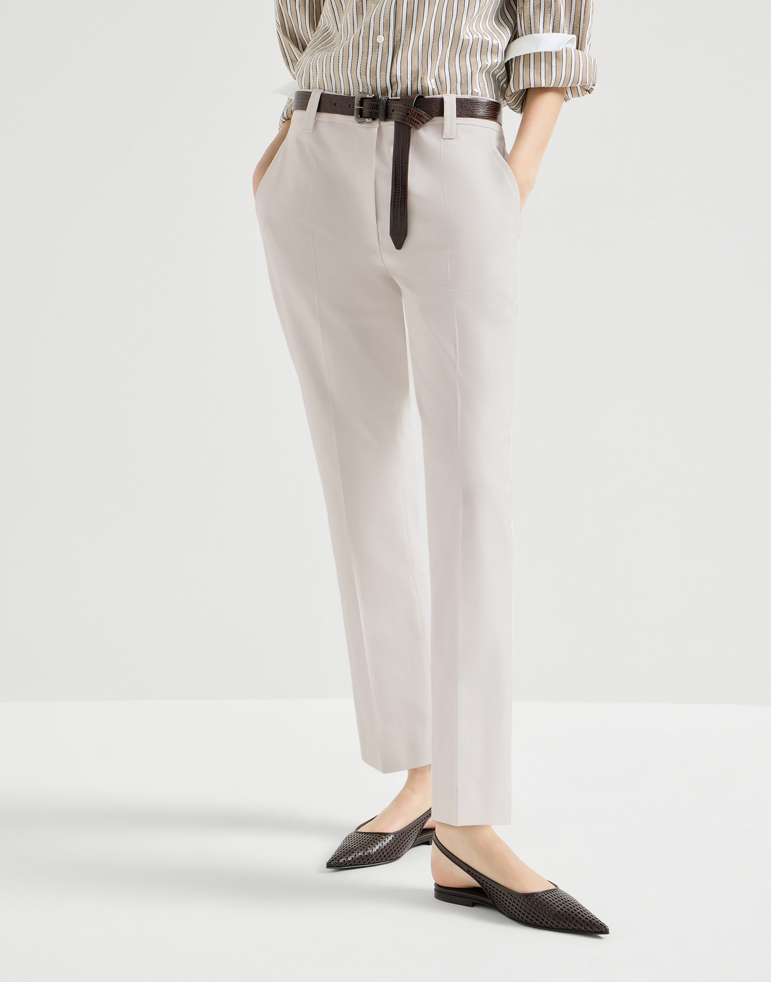 cigarette trousers women Navy High Waist Pants, Women's Ankle to for a modern update of a classic style Brunello Cucinelli, Viscose and linen