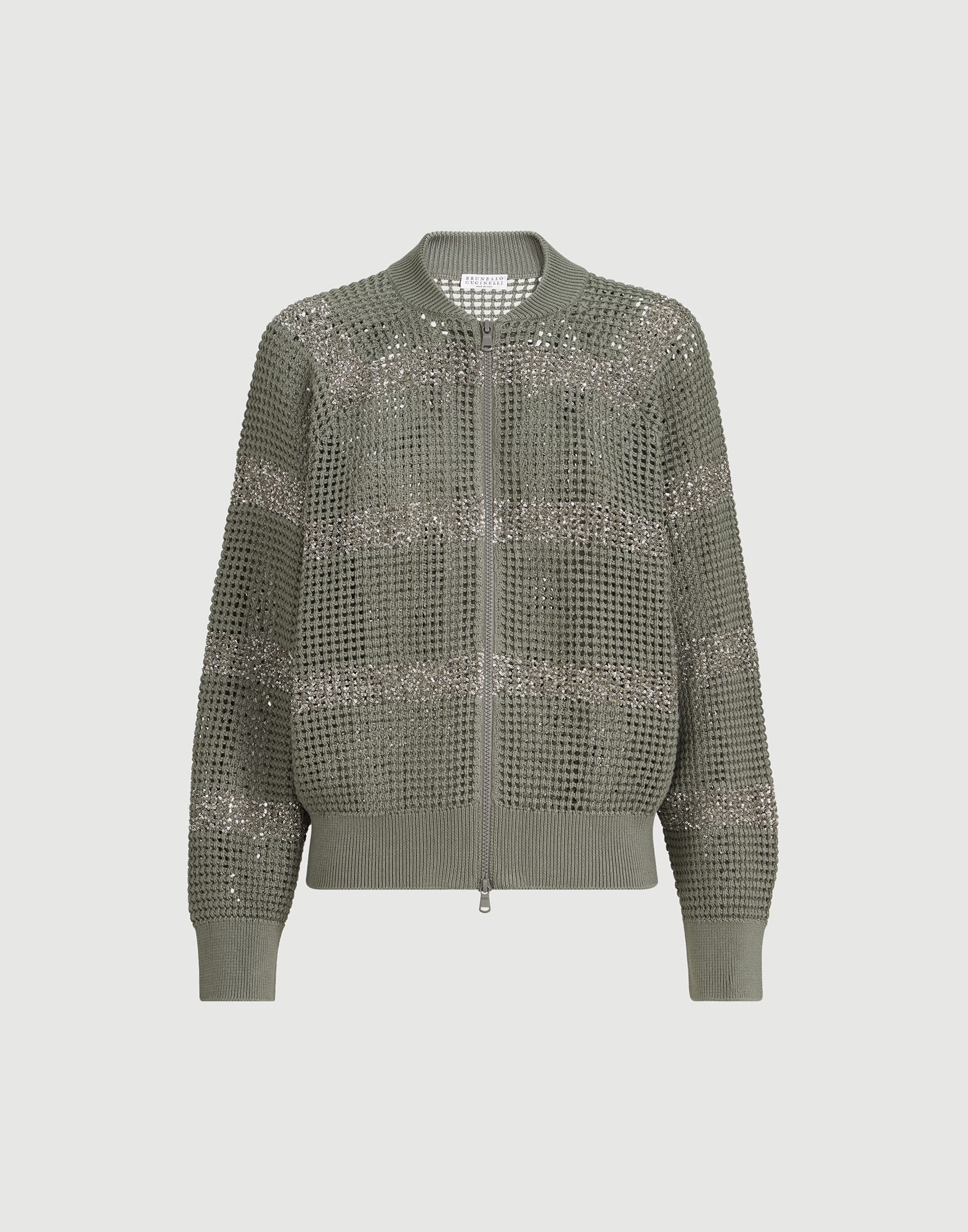 Cardigan with dazzling stripes for Woman in Khaki | Brunello Cucinelli