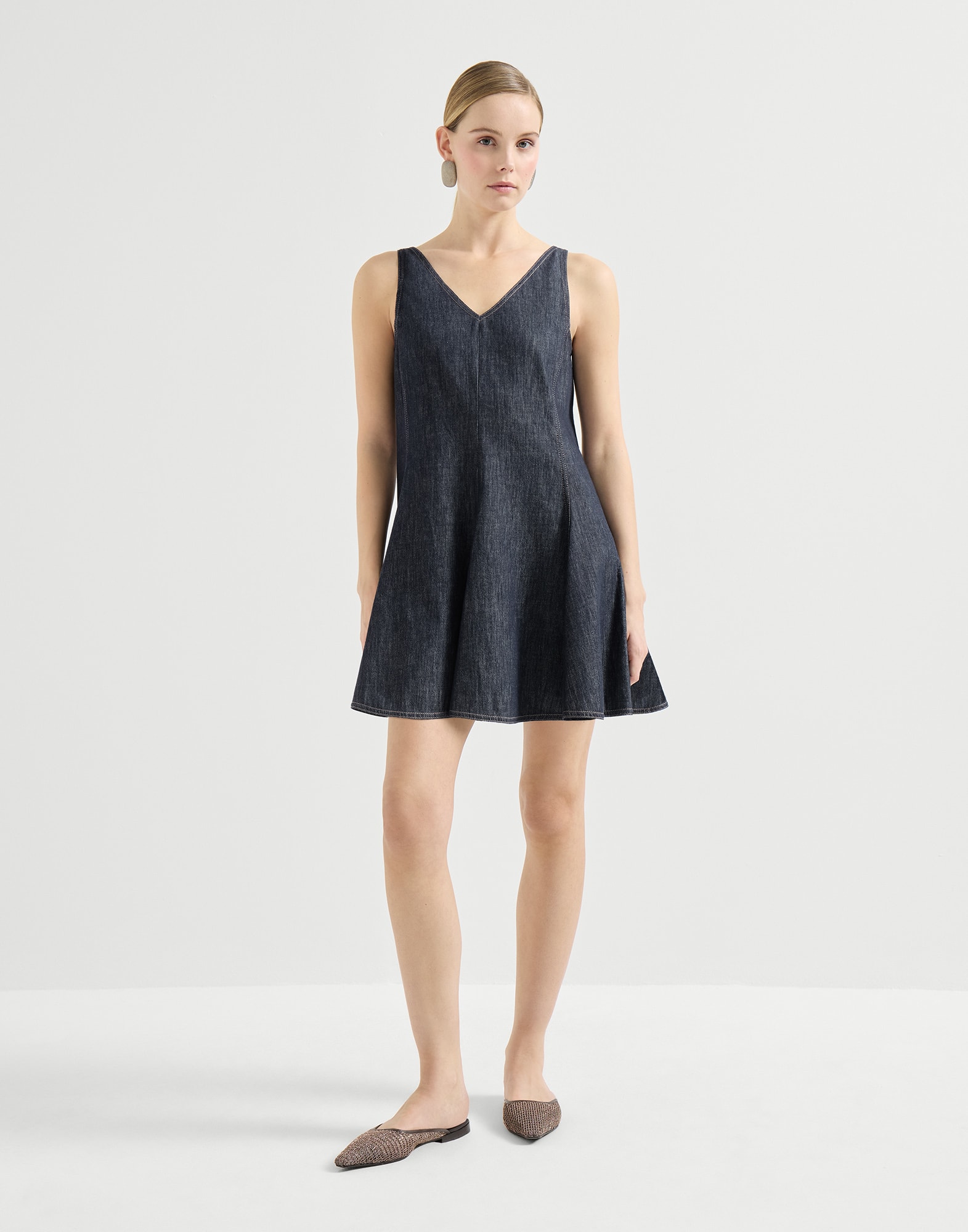 brunello cucinelli denim dress Brunello Cucinelli Denim Belted Midi Dress With Monili Neckline