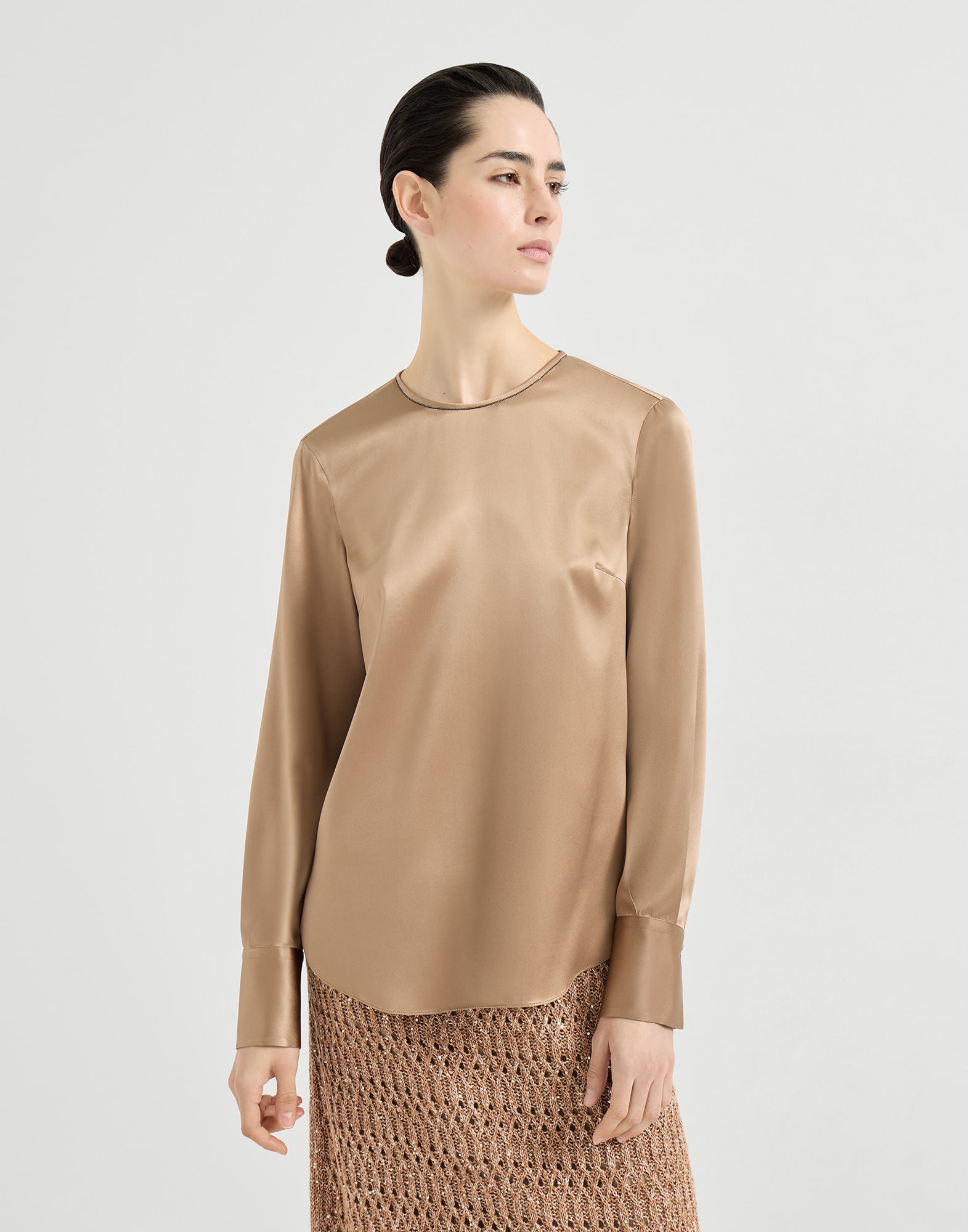 缎面T恤衫 巧克力色 女款 - Brunello Cucinelli