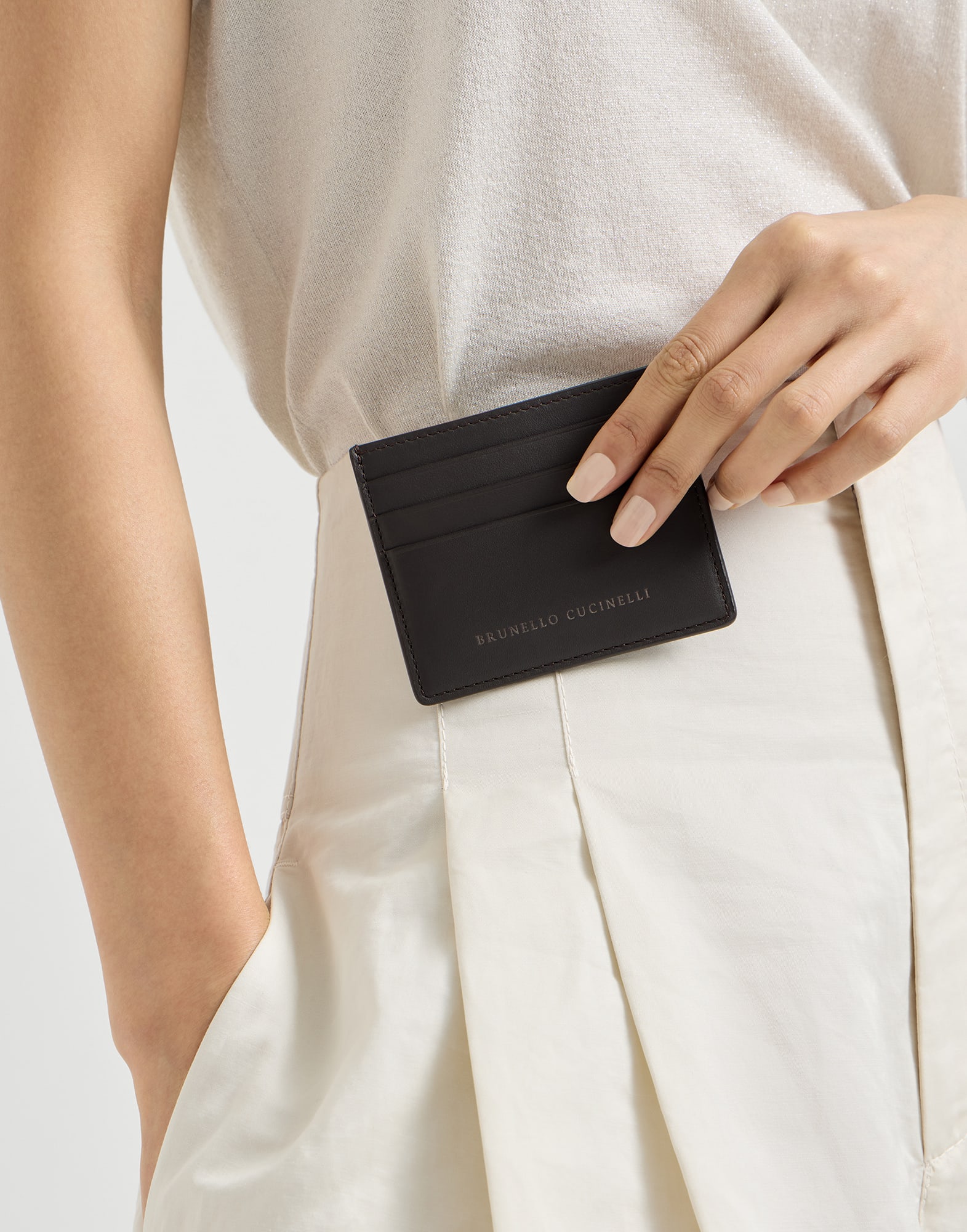 Calfskin card case for Woman in Brown | Brunello Cucinelli