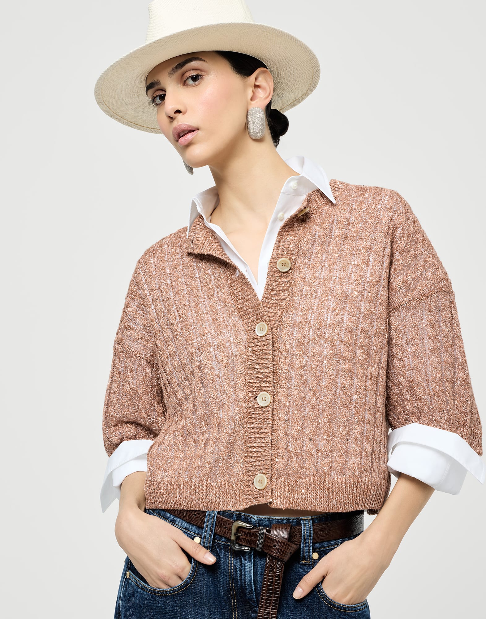 Dazzling cable cardigan for Woman in White | Brunello Cucinelli
