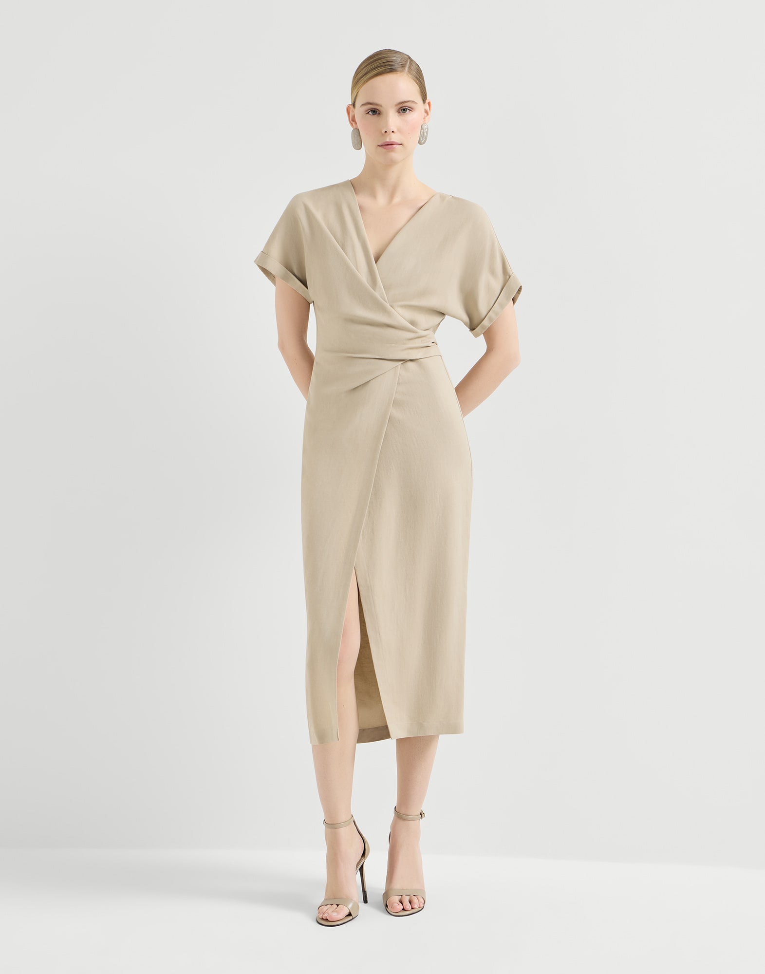 Wrap-effect dress for Woman in Beige | Brunello Cucinelli Wrap-effect dress for Woman in Beige | Brunello Cucinelli