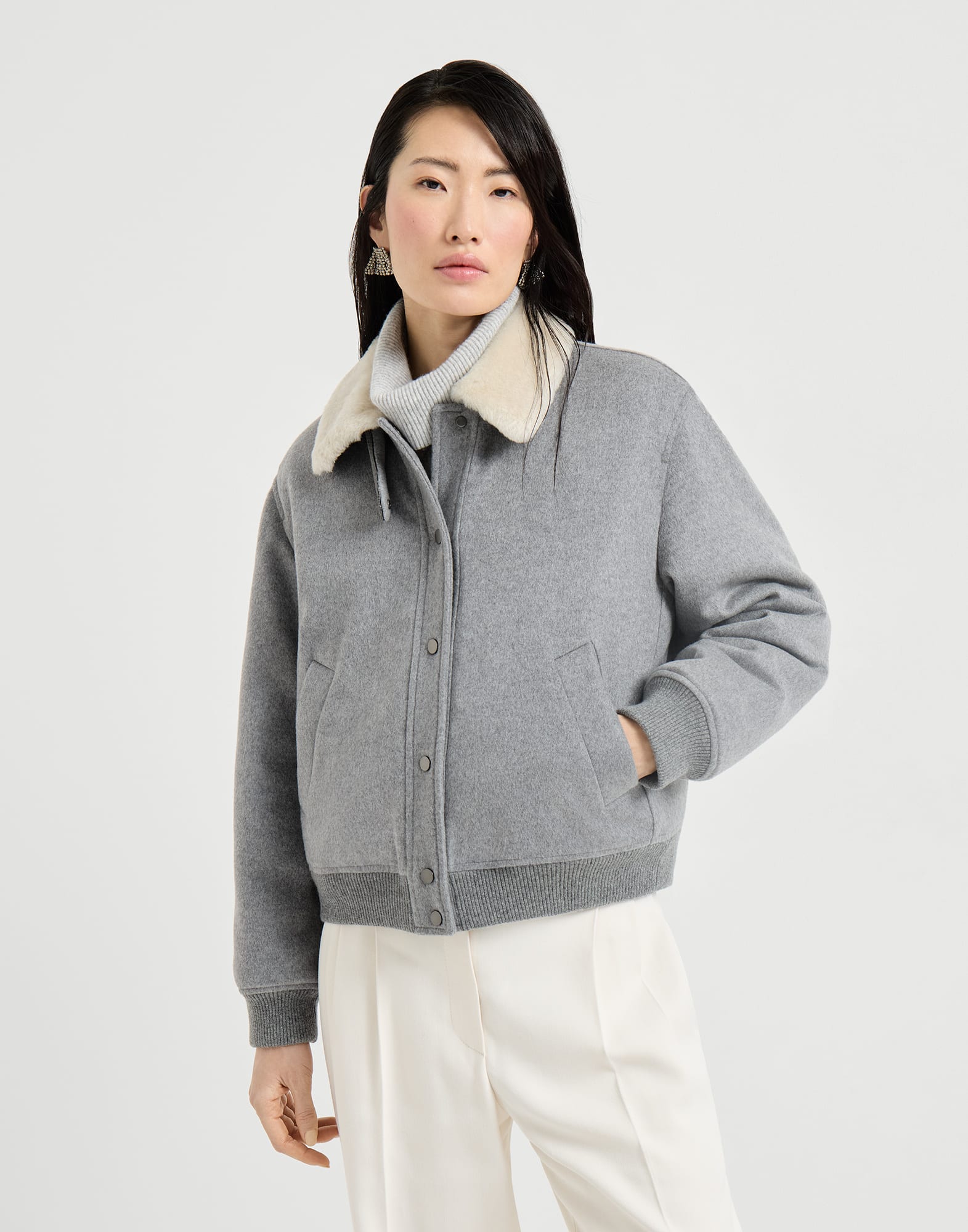 Cashmere and vicu&ntilde;a aviator jacket Grey Woman - Brunello Cucinelli