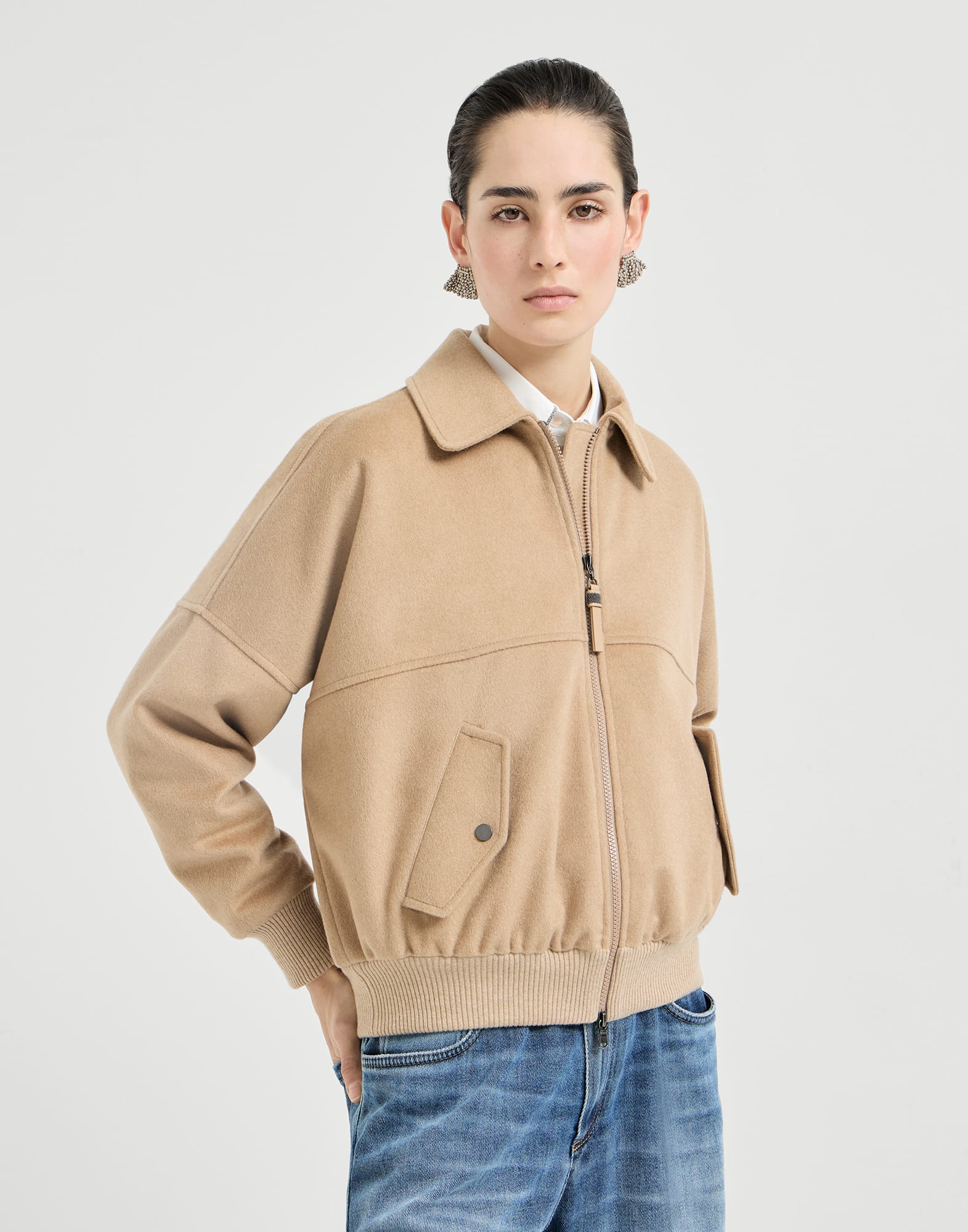 Vicuña beaver cloth outerwear jacket with monili for Woman in