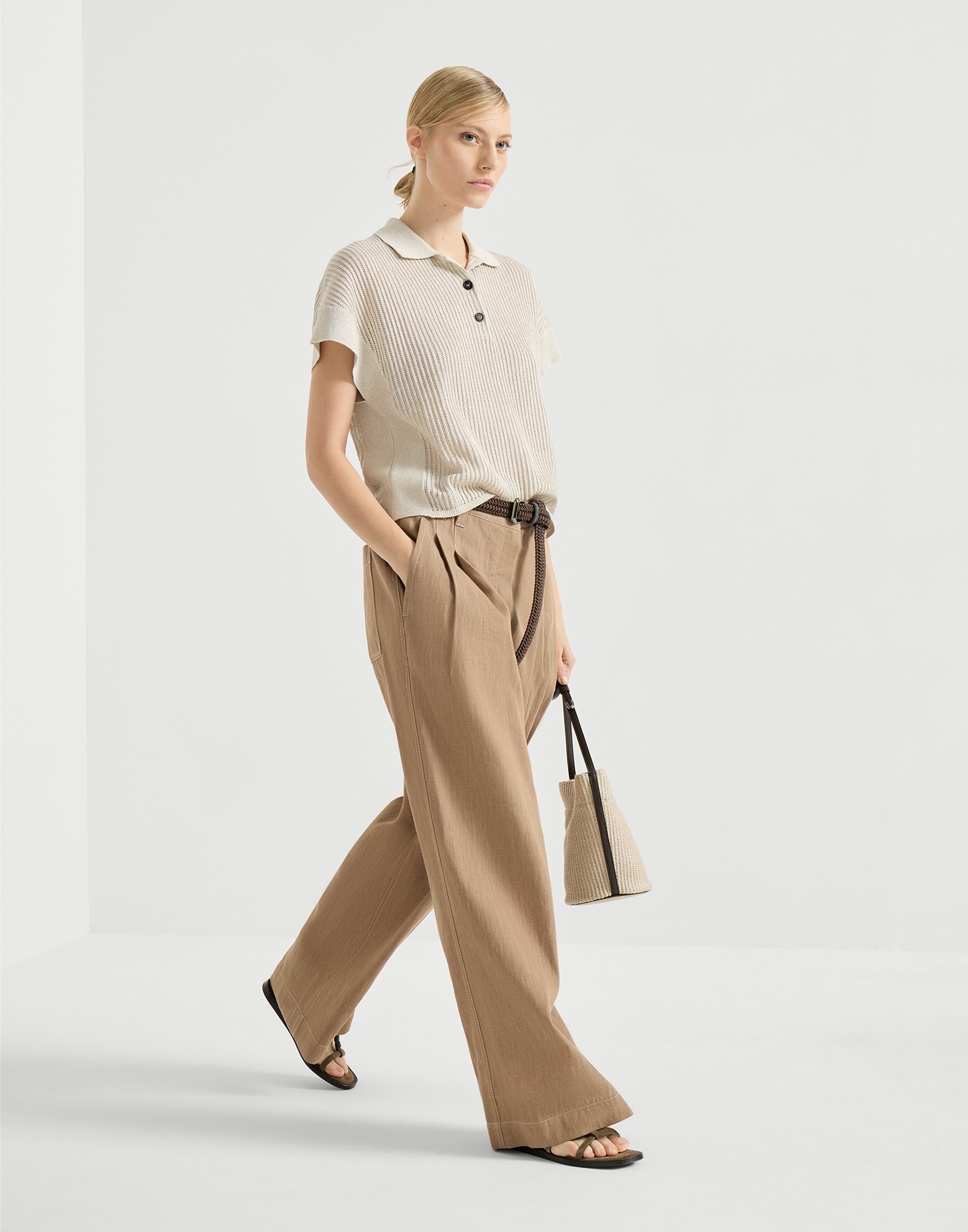 Wide Smart trousers for Woman in Olive | Brunello Cucinelli