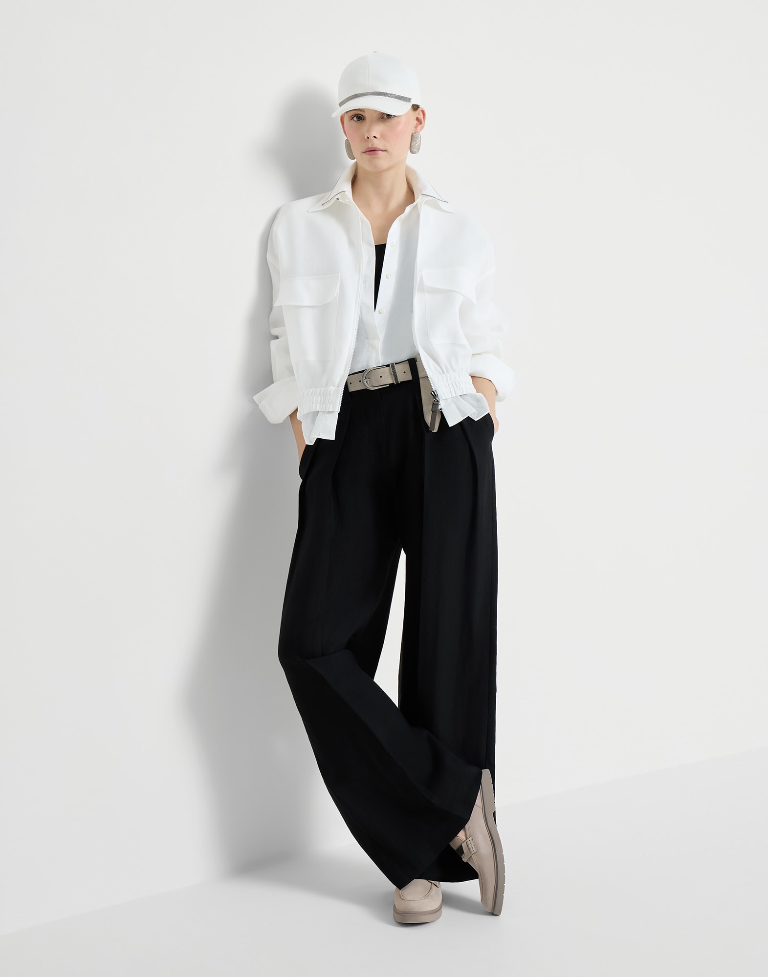 Suede penny loafer with monili for Woman in Beige | Brunello Cucinelli