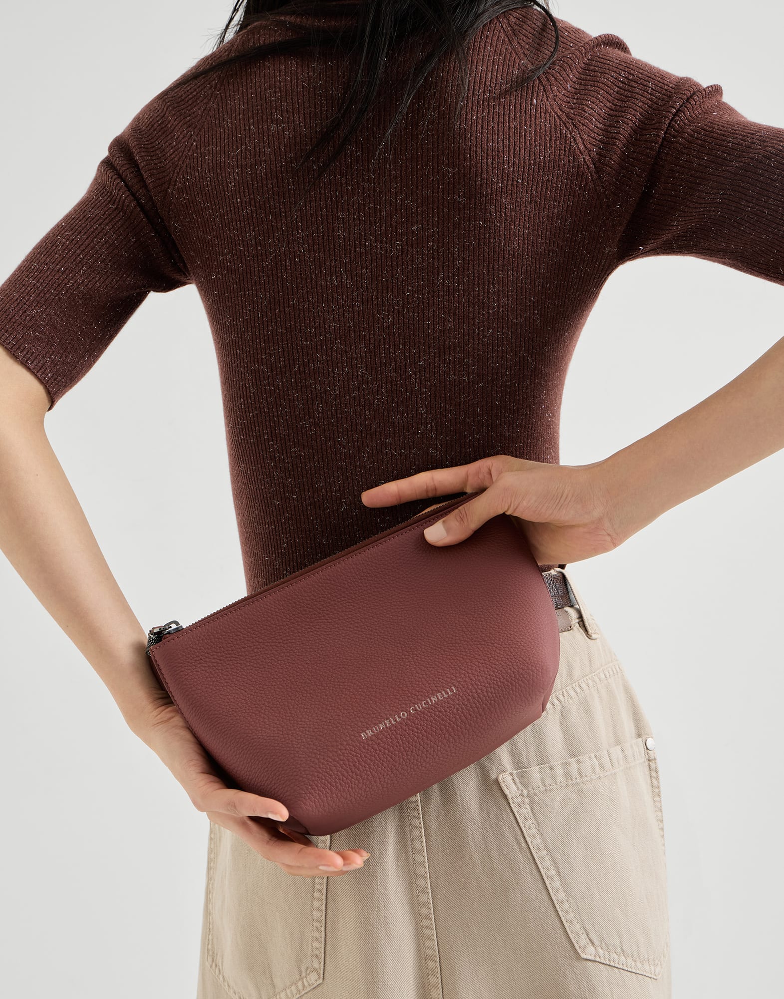 Calfskin clutch bag with monili for Woman in Firebrick | Brunello