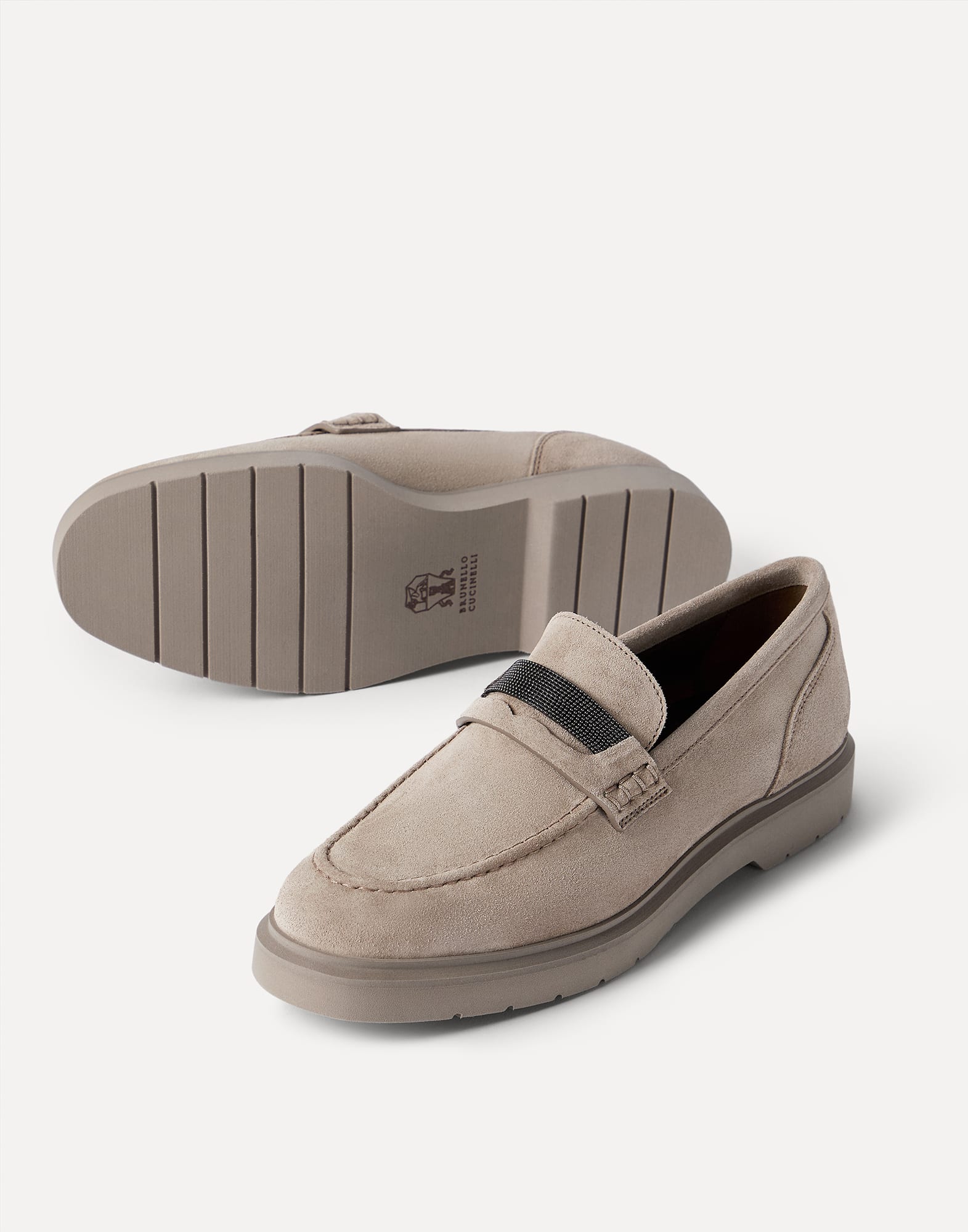 Suede penny loafer with monili for Woman in Beige | Brunello Cucinelli