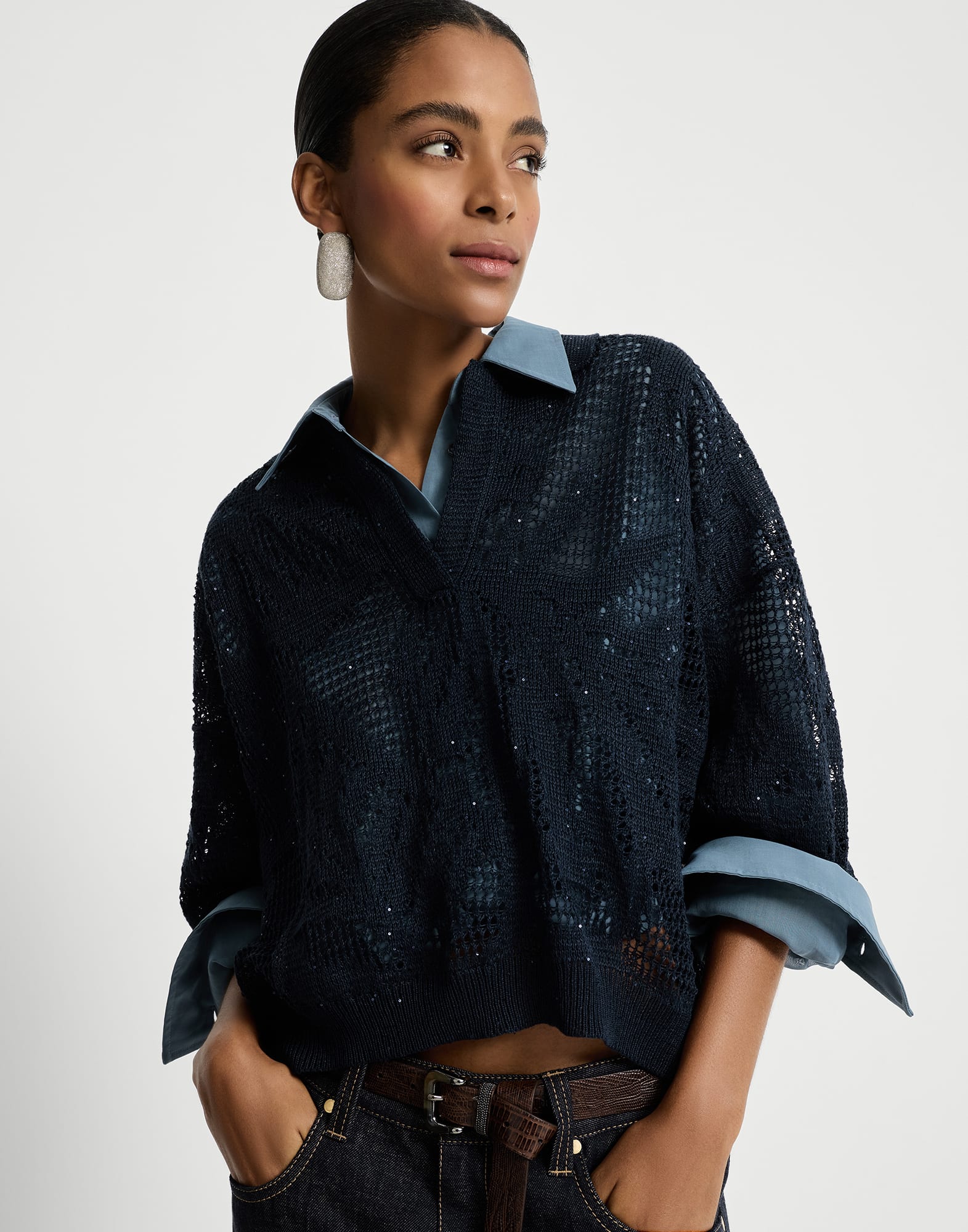 Dazzling water lilies polo for Woman in Blue | Brunello Cucinelli