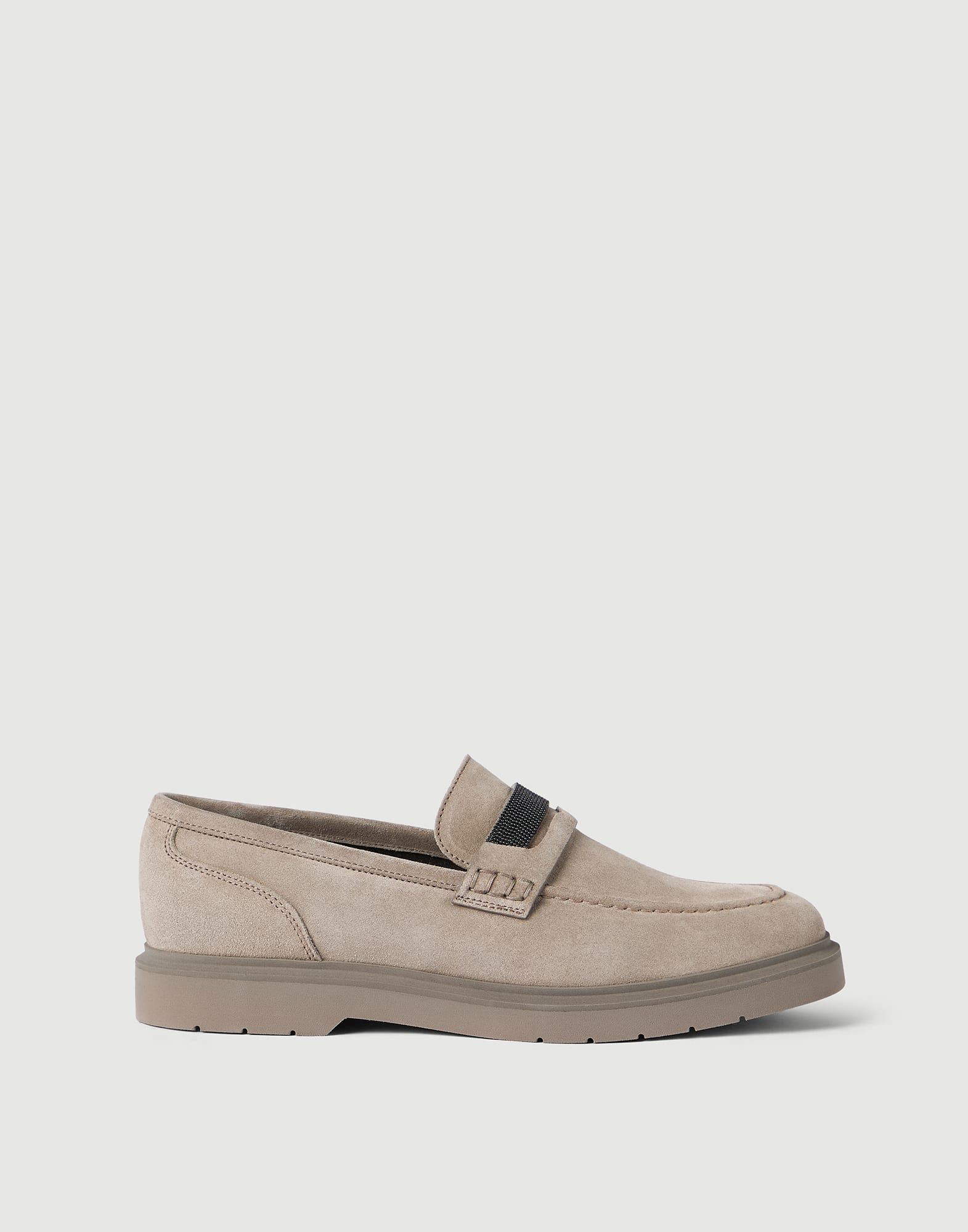 Suede penny loafer with monili for Woman in Beige | Brunello Cucinelli