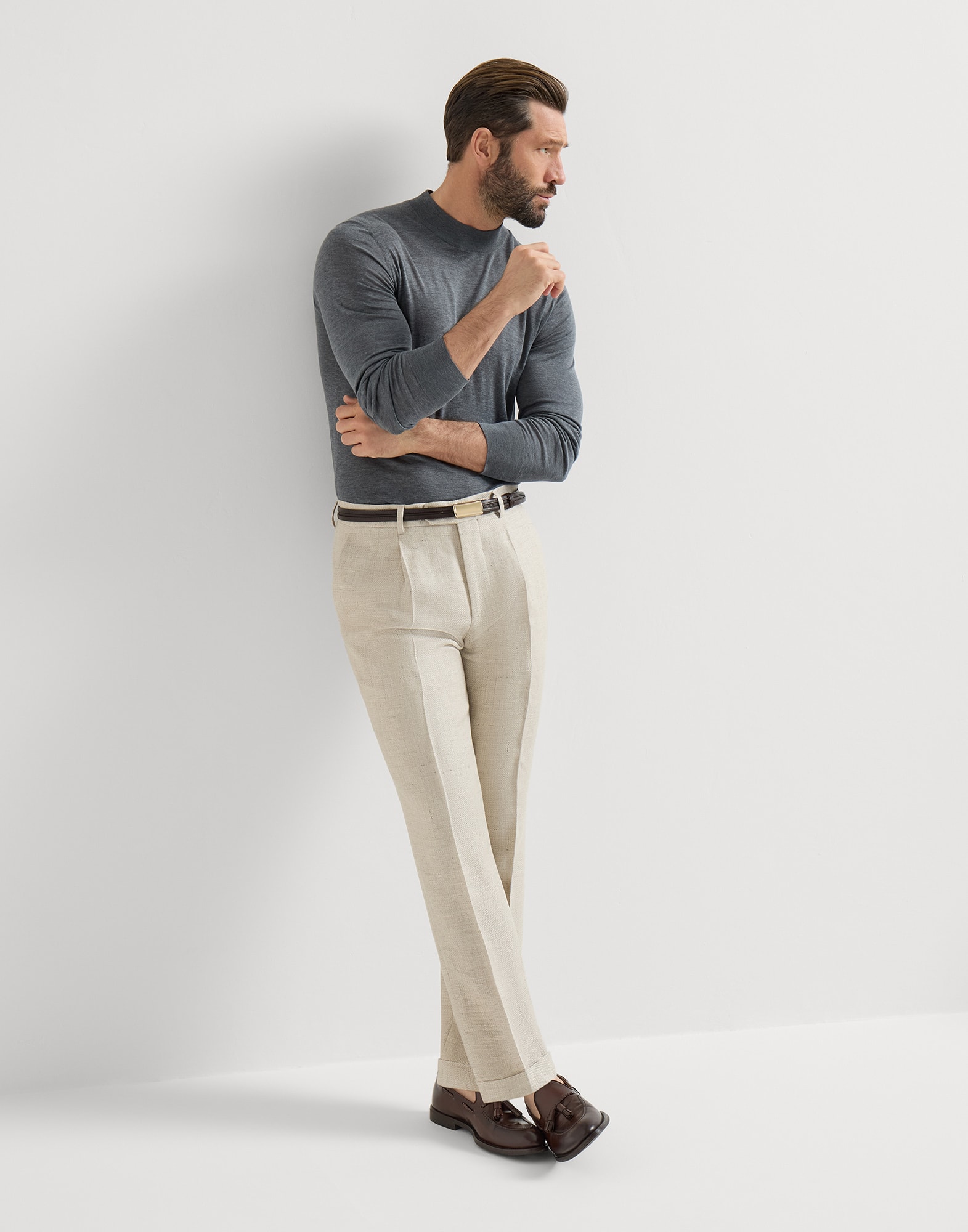 Trousers with pleats for Man in Sand | Brunello Cucinelli