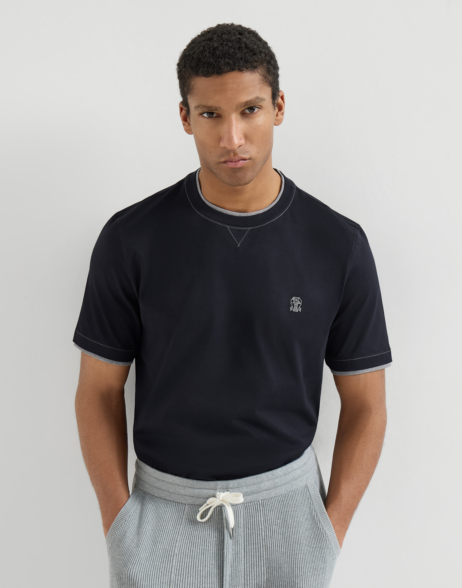 T-shirt with faux-layering for Man in White | Brunello Cucinelli