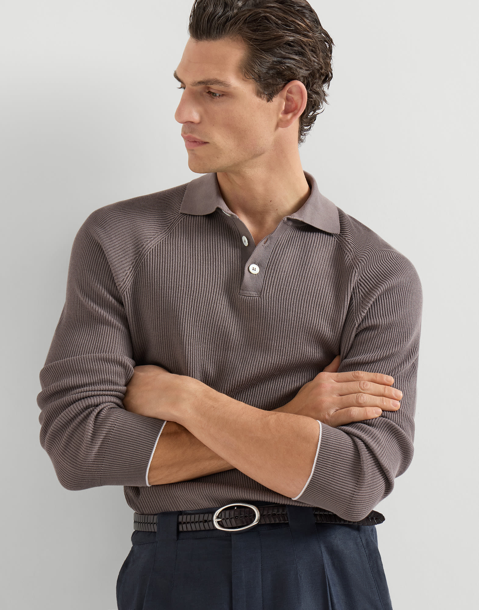 Rib knit polo for Man in Khaki | Brunello Cucinelli