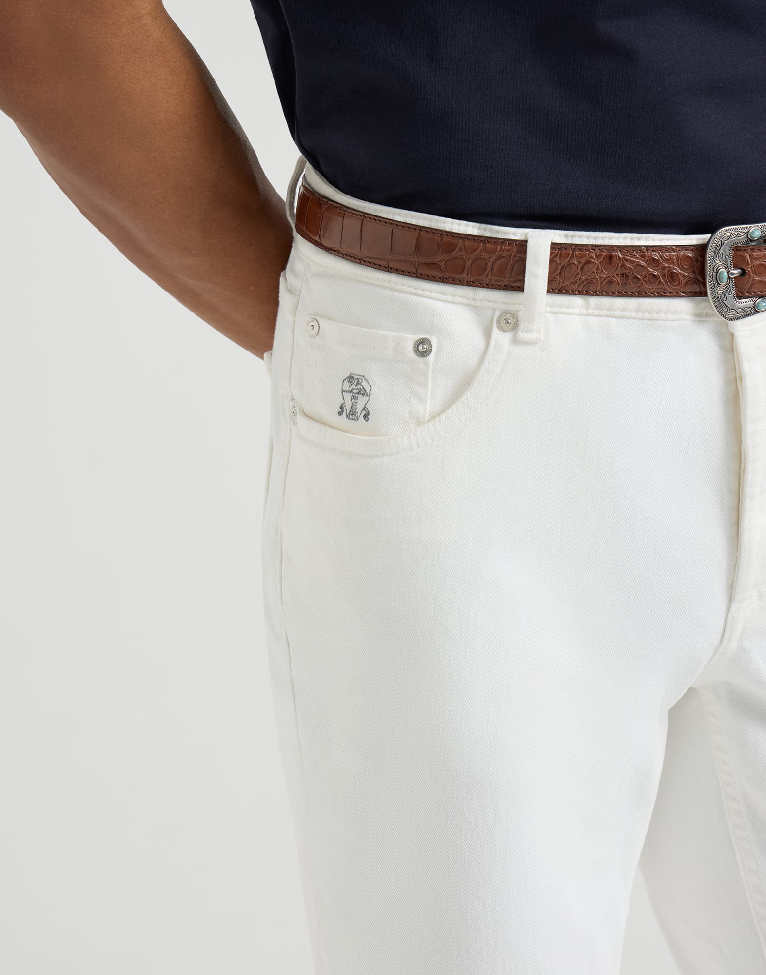 Lightweight denim trousers for Man in Khaki | Brunello Cucinelli
