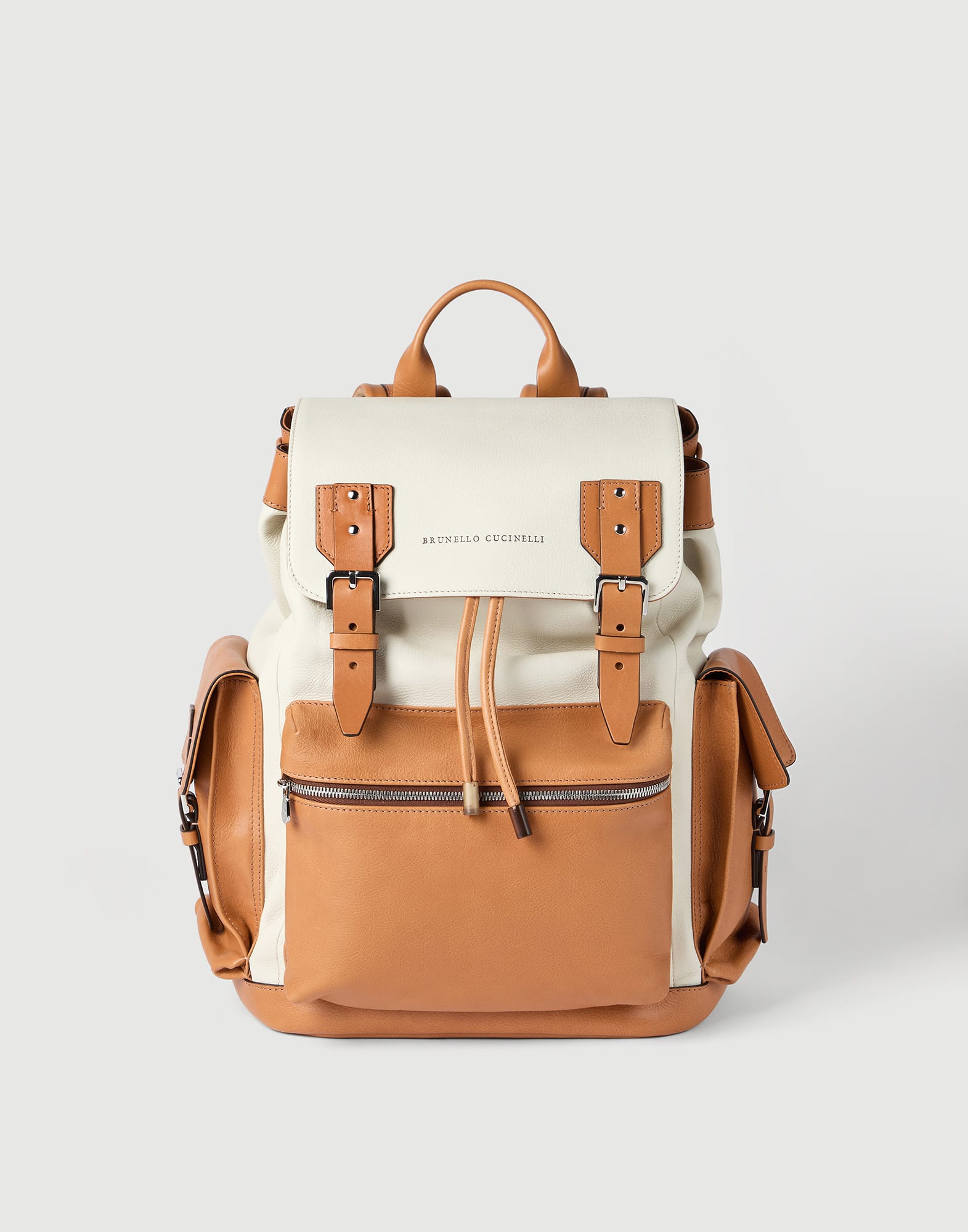 brunello cucinelli leather backpack Taupe-grey Fashion Full Circle two small side pockets with magnetic closures and a front zipper pocket allow you to always have your essentials within reach Calfskin and cowhide backpack for