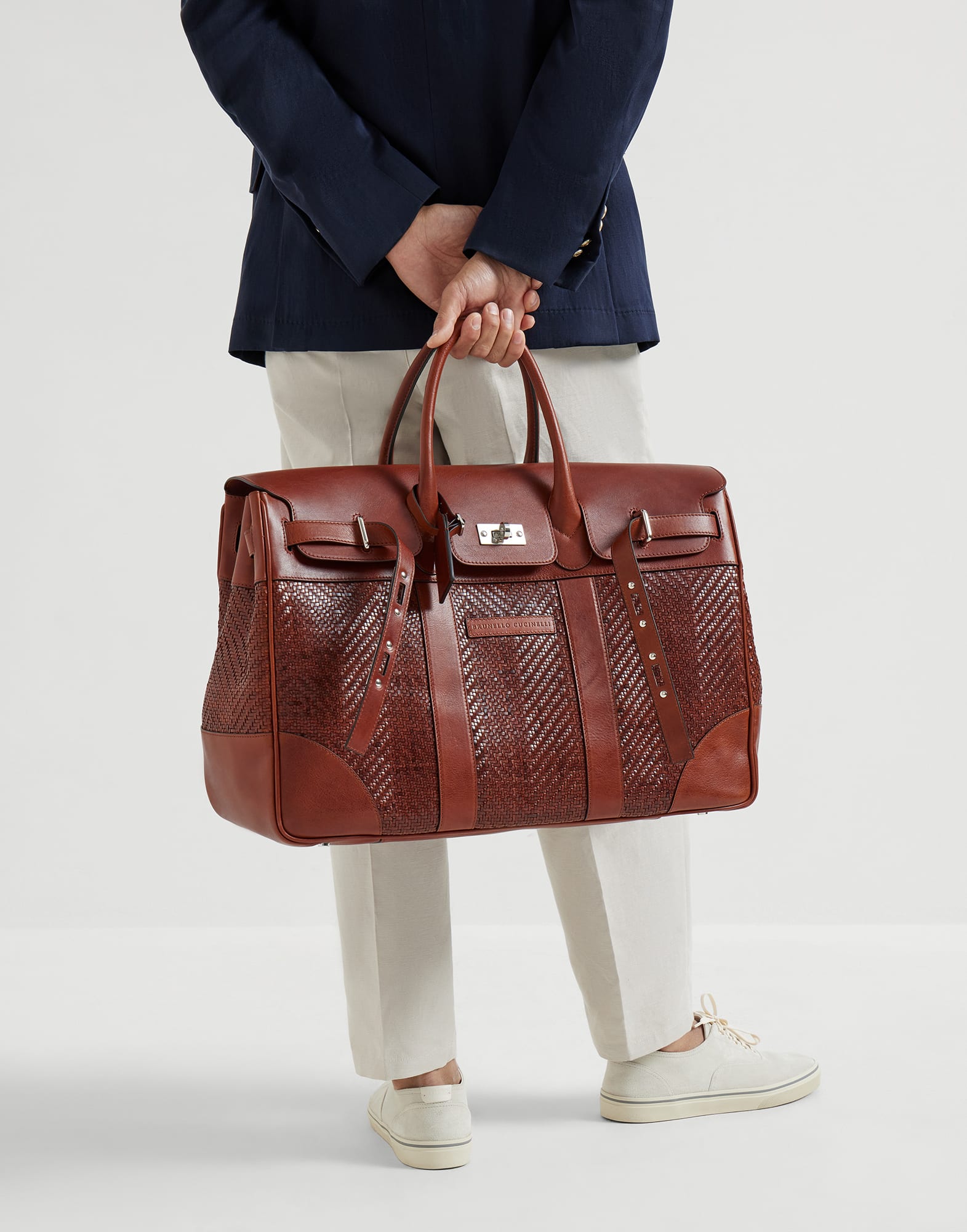Calfskin and cowhide bag for Man in Cognac | Brunello Cucinelli