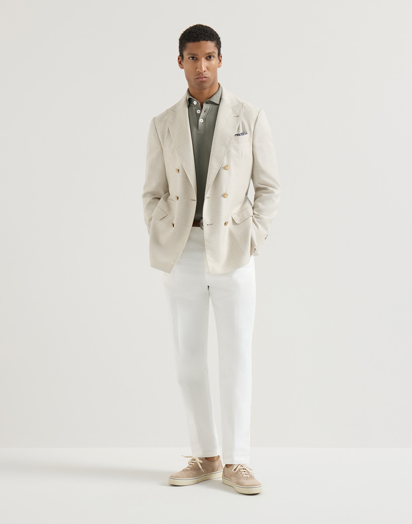 ブルネロクチネリ　リネンポロ　S Rib knit polo for Man in Khaki | Brunello Cucinelli