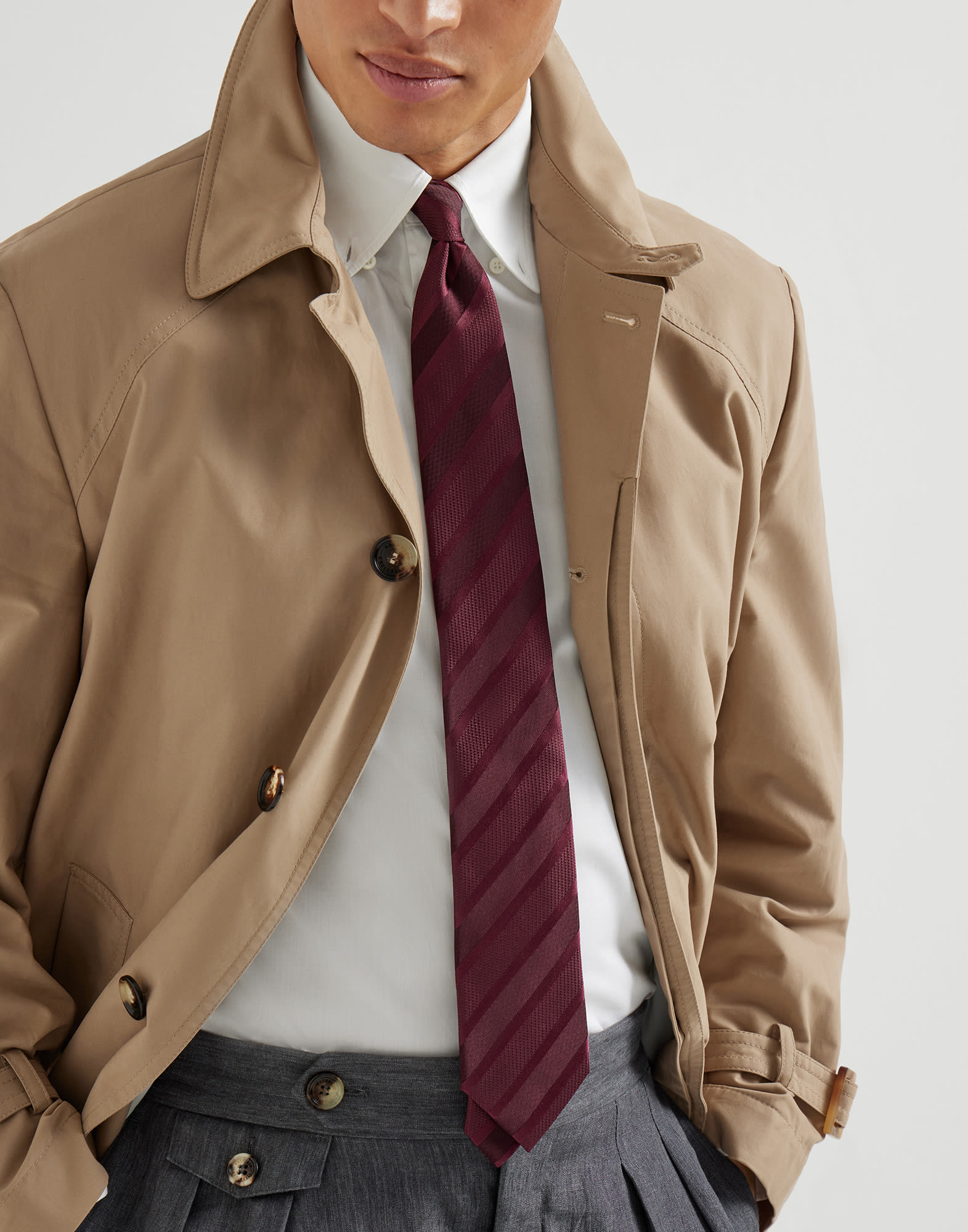 Striped silk necktie for Man in Cherry | Brunello Cucinelli