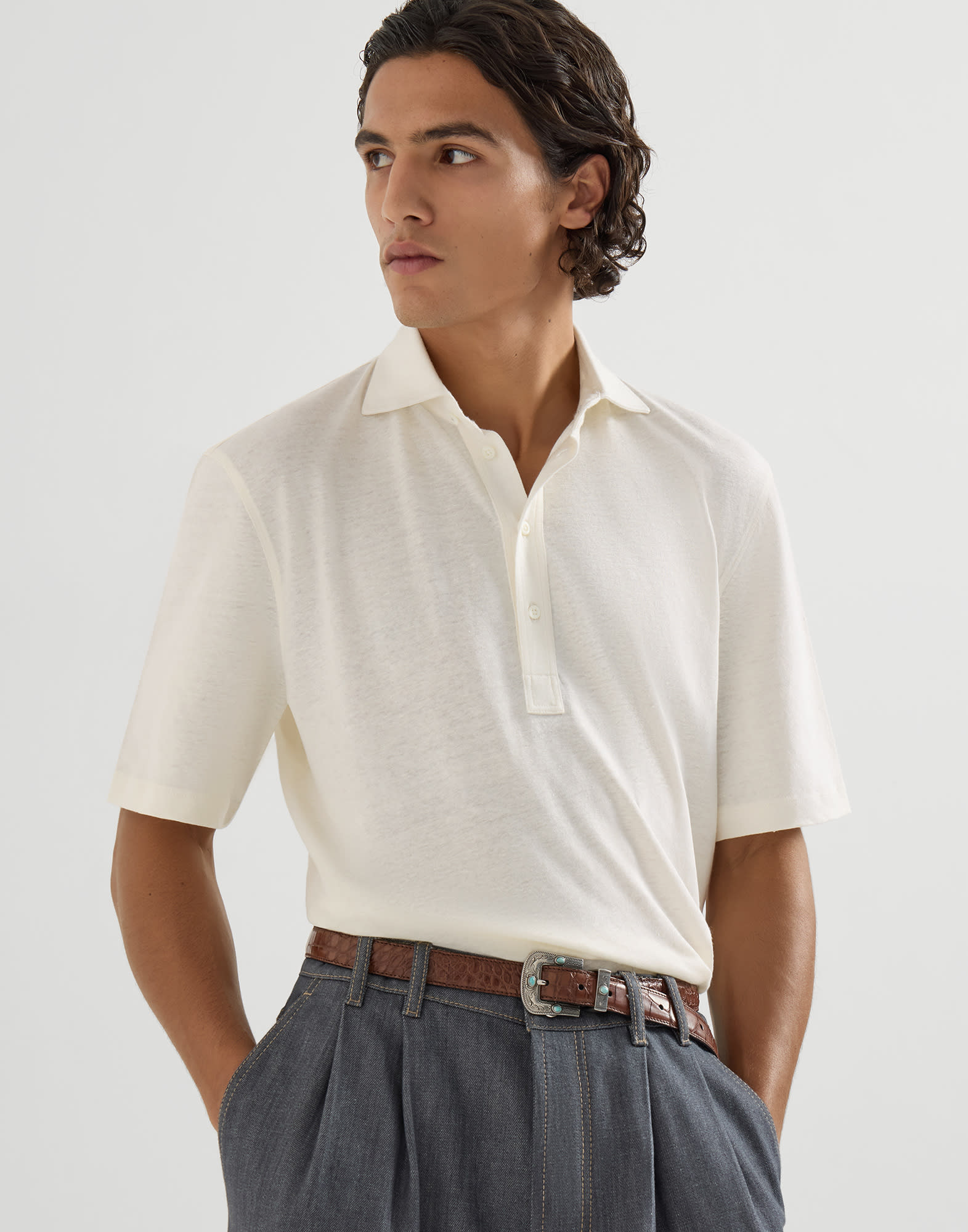 Jersey polo shirt for Man in Denim | Brunello Cucinelli
