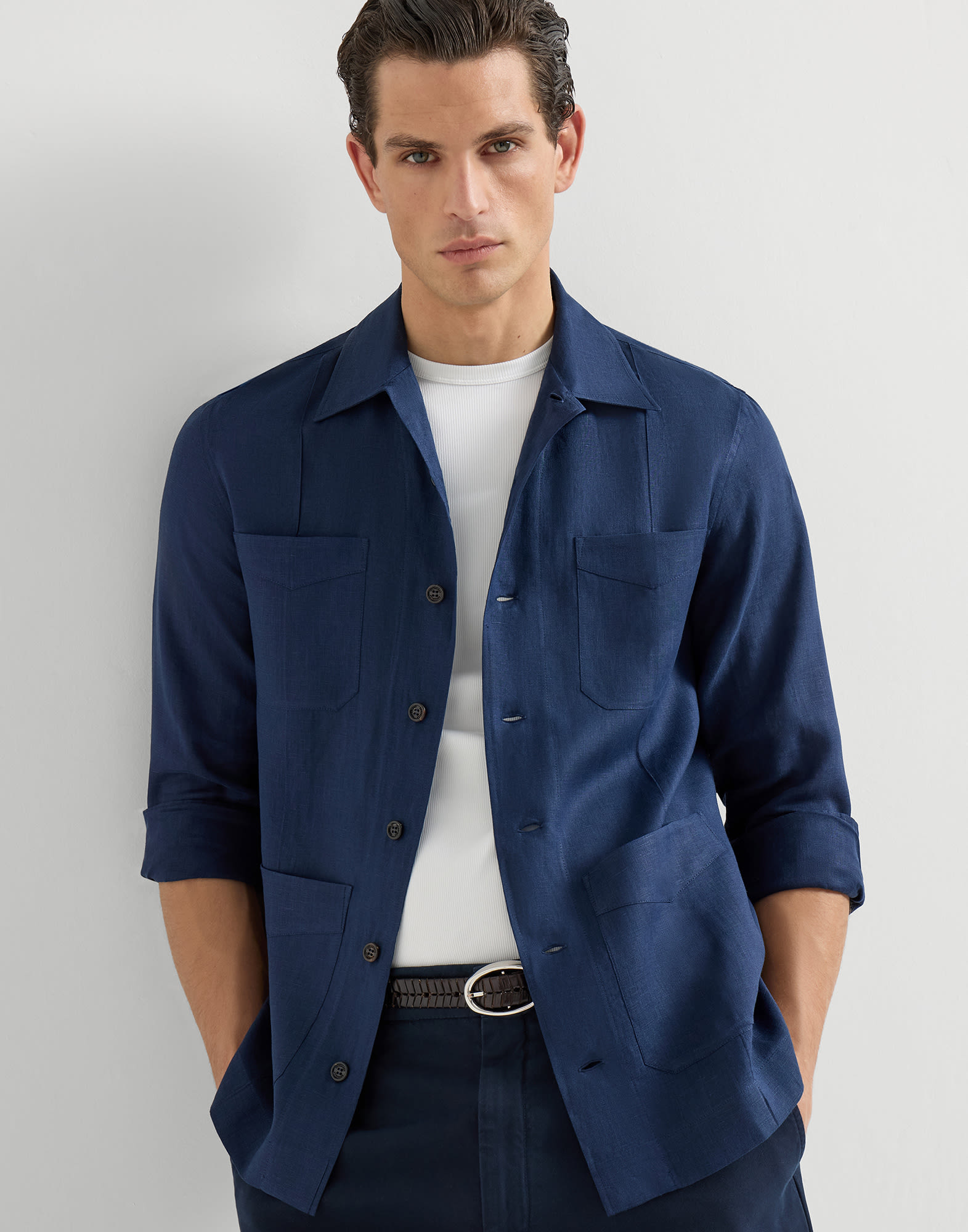 Linen guayabera for Man in Navy Blue | Brunello Cucinelli Linen guayabera for Man in Navy Blue | Brunello Cucinelli