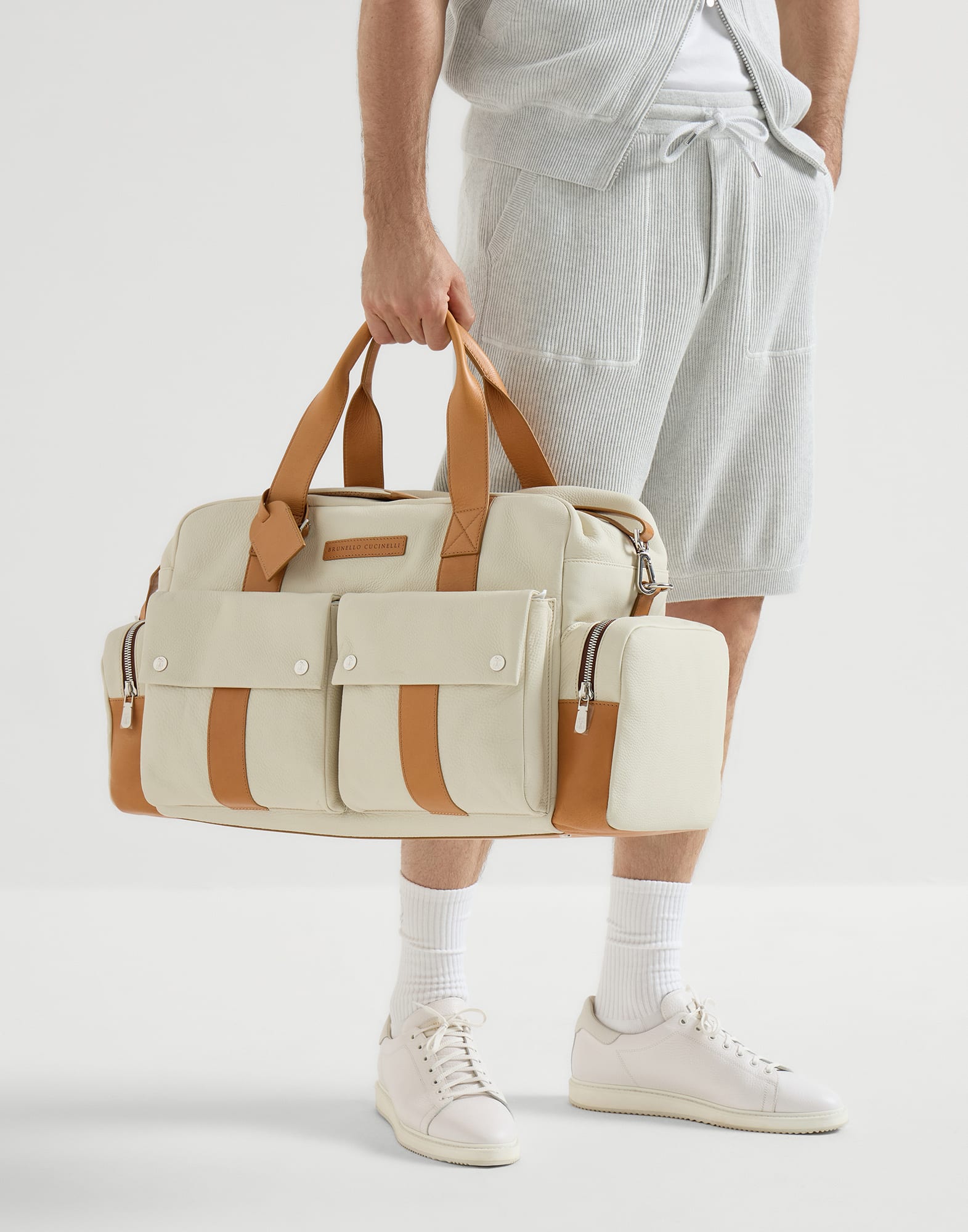 Calfskin and cowhide duffle bag for Man in Ivory | Brunello Cucinelli