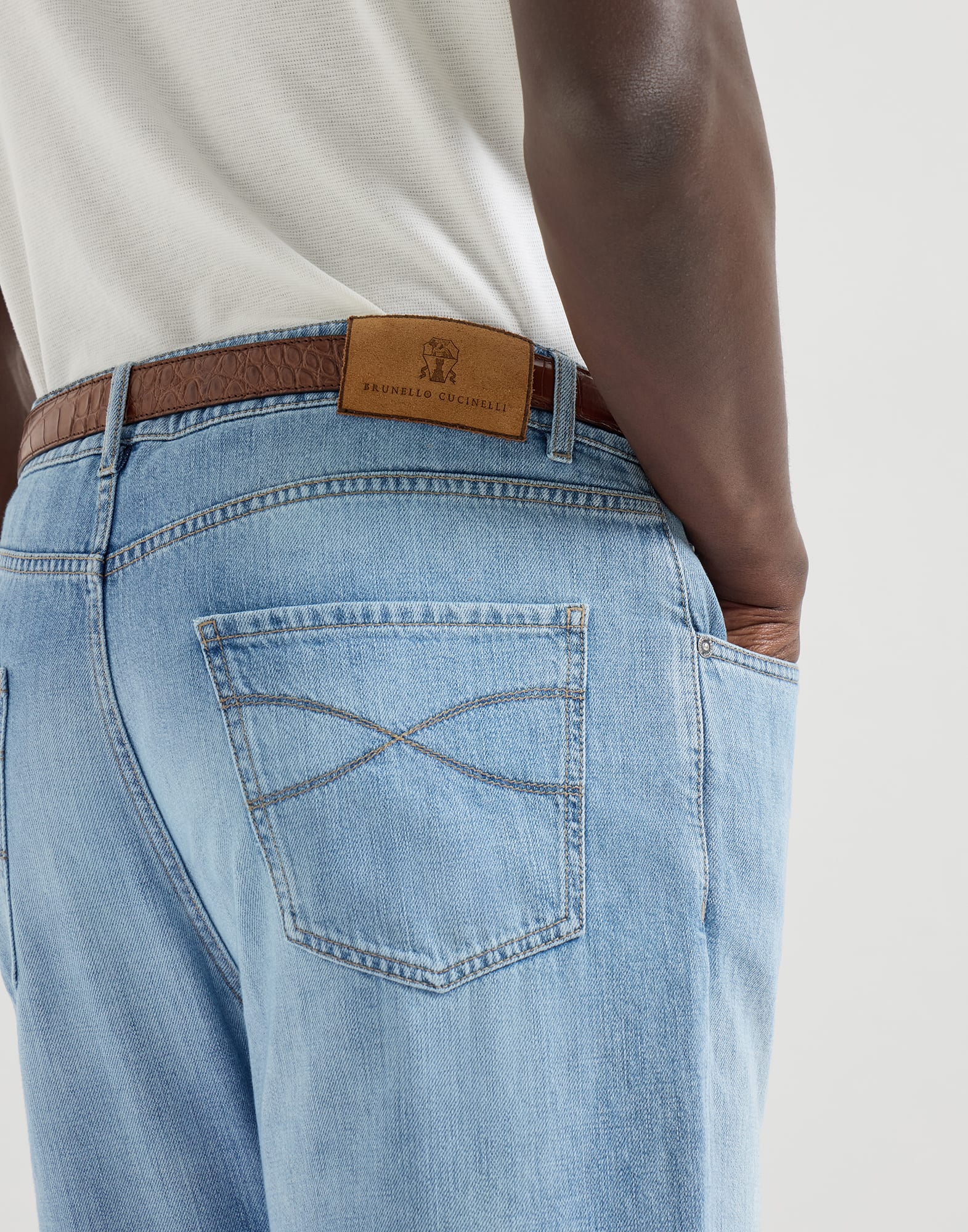 Lightweight denim five-pocket trousers for Man in Light Blue Denim