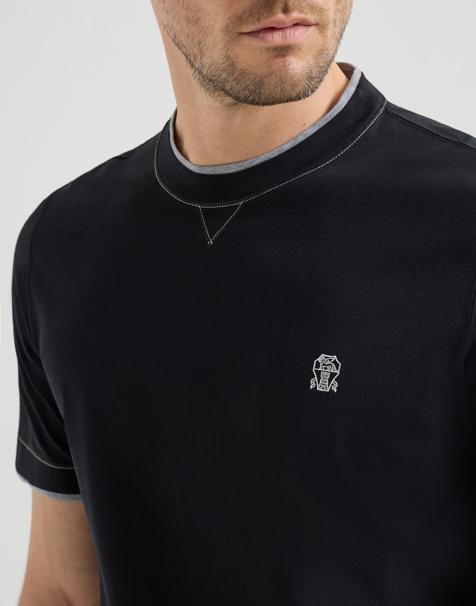 T-shirt with faux-layering for Man in Blue | Brunello Cucinelli