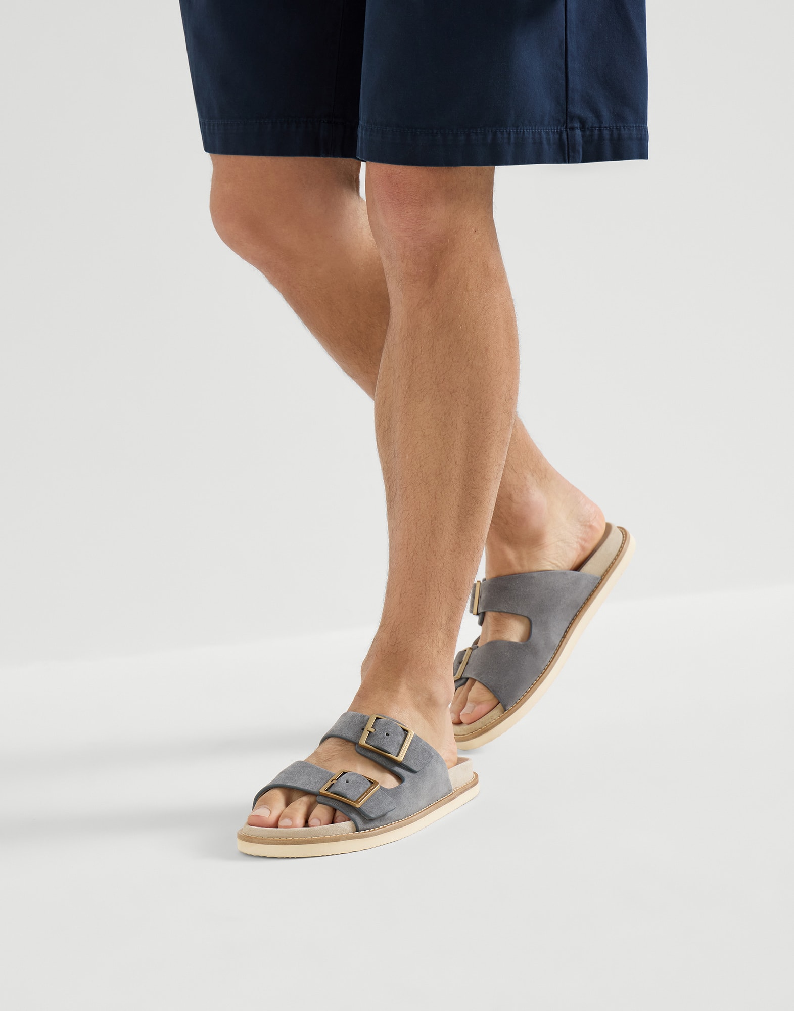 Suede slides with buckles for Man in Hazelnut | Brunello Cucinelli
