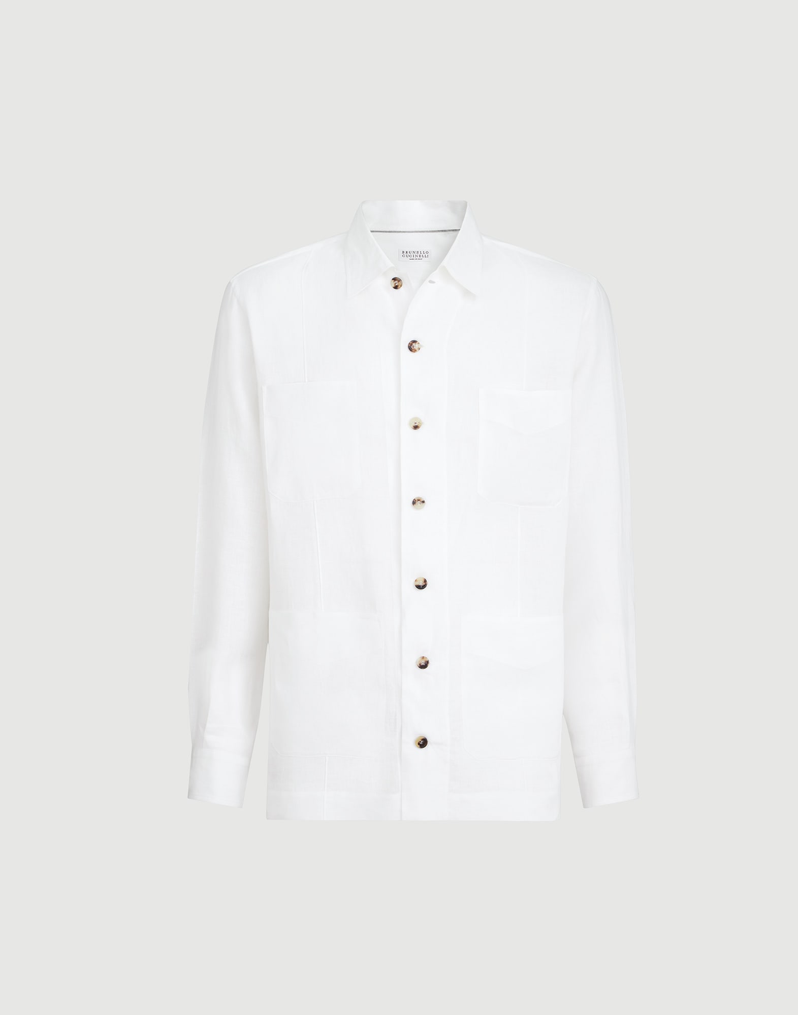 Linen guayabera for Man in White | Brunello Cucinelli