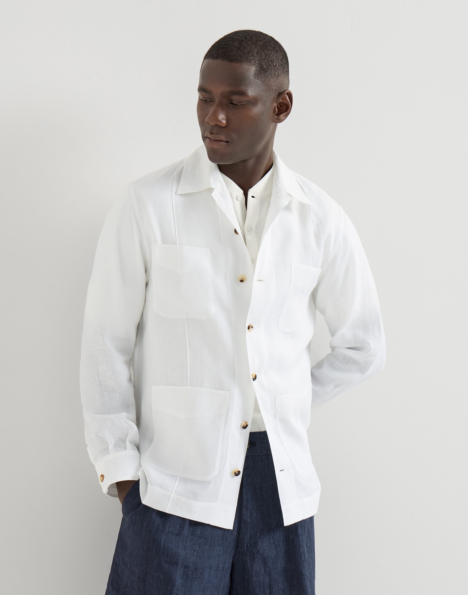 Linen guayabera for Man in White | Brunello Cucinelli
